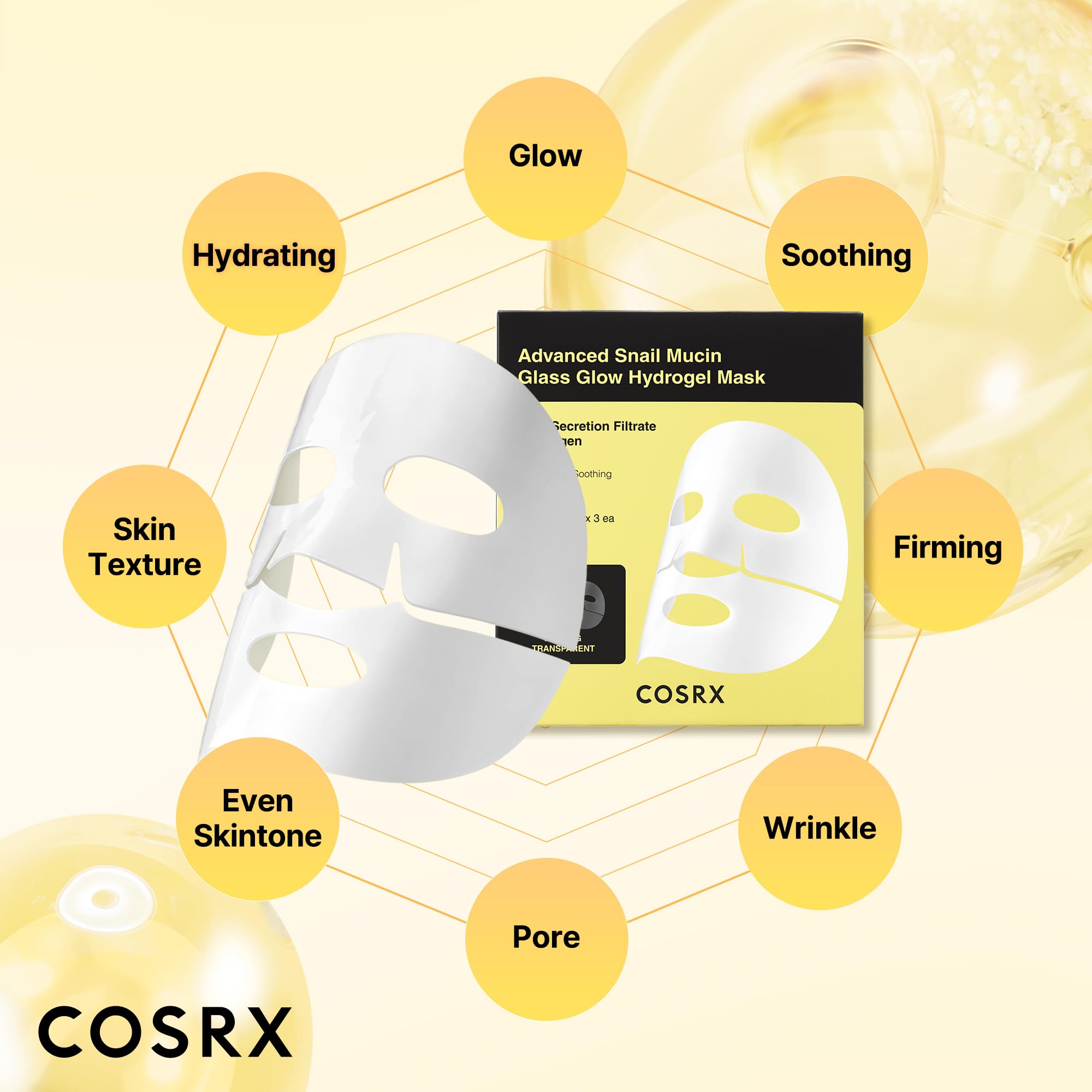 COSRX Advanced Snail Mucin Glass Glow Hydrogel Face Masks Skincare 3 EA, Collagen Face Mask, Travel Essentials, Overnight Face Mask, Korean Skin Care: COSRX Advanced Snail Mucin Glass Glow Hydrogel Face Masks Skincare 3 EA, Collagen Face Mask, Travel Essentials, Overnight Face Mask, Korean Skin Care