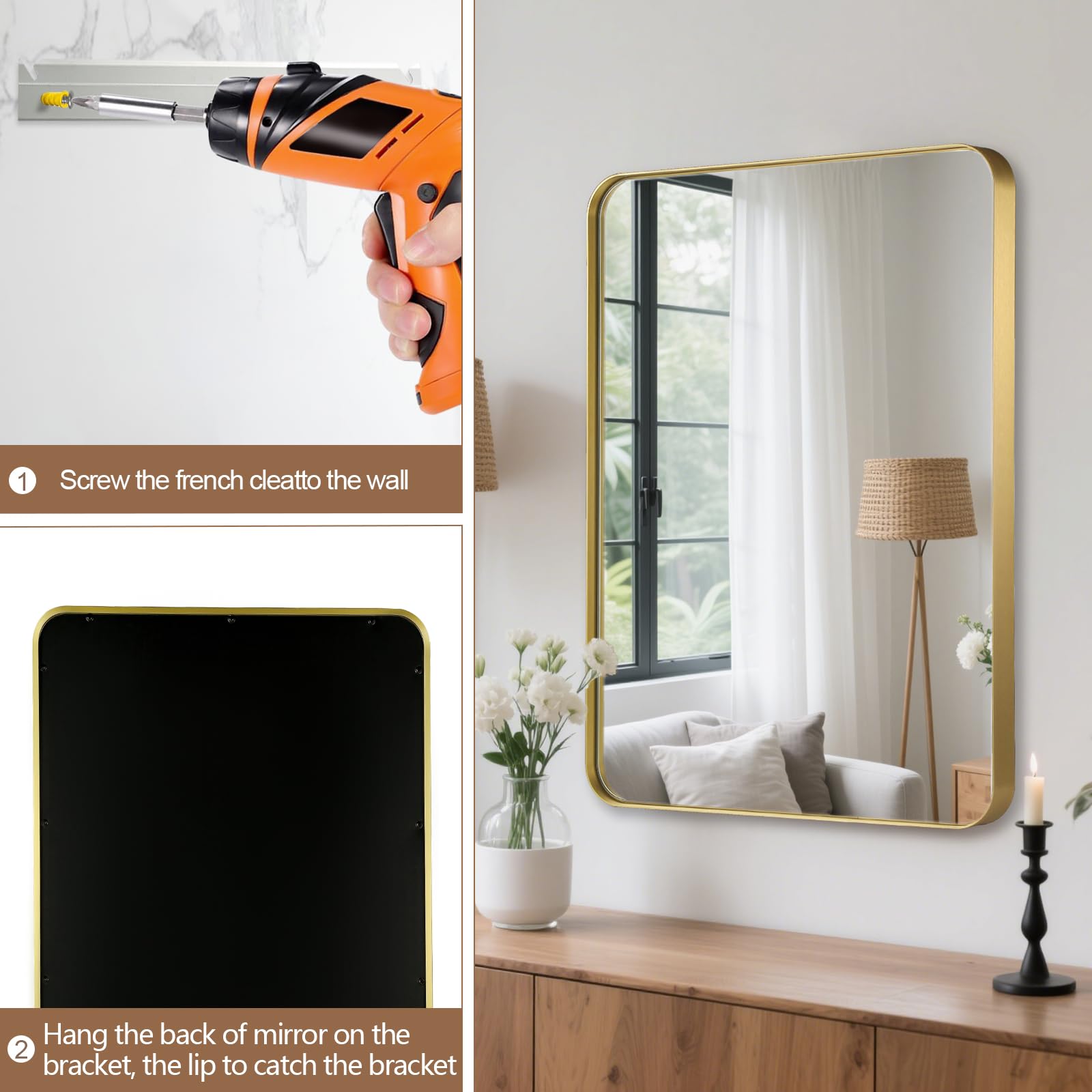 JENBELY 40x30 Inch Gold Bathroom Mirror, Brushed Metal Framed Rectangle Mirror with Rounded Corner, Gold Bathroom Vanity Mirror for Bedroom or Living Room, Horizontal/Vertical: 40"L x 30"W Gold