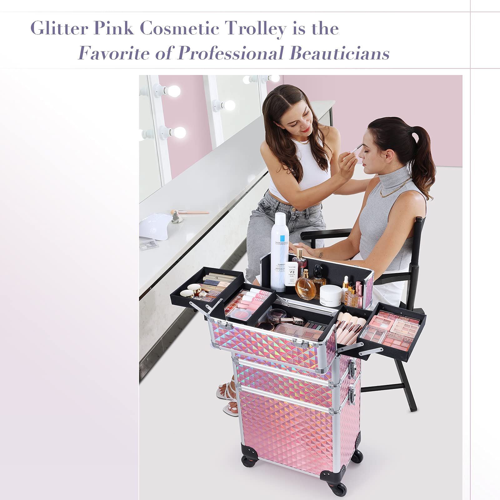 FRENESSA 3 in 1 Rolling Makeup Train Case Portable Cosmetic Trolley Large Storage for Professional with 360° Swivel Wheels Salon Barber Case Traveling Cart Trunk - Glitter Pink