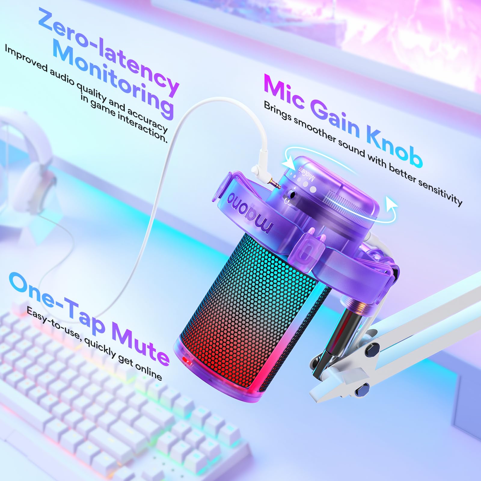 MAONO Gaming USB Microphone, Noise Cancellation Condenser mic with Mute, Gain, Monitoring, Boom Arm for Streaming, Podcast, Twitch, YouTube, Discord, PC, Computer, PS4, PS5, Mac, GamerWave DGM20S: Purple