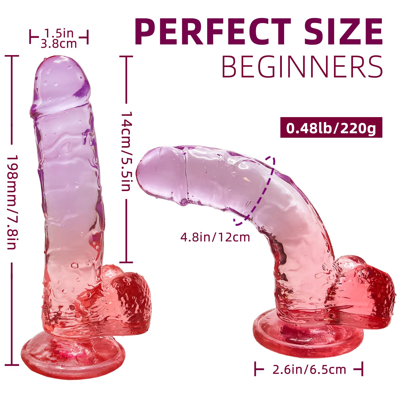 Realistic Dildo Clear Silicone 7.8" Purple-Red Gradient Dildo with Strong Suction Cup for Women Hand Free Play Flexible Soft Penis Dong, Adult Sex G-spot Dildos Toys for Vaginal and Anal Stimulation thumbnail 4