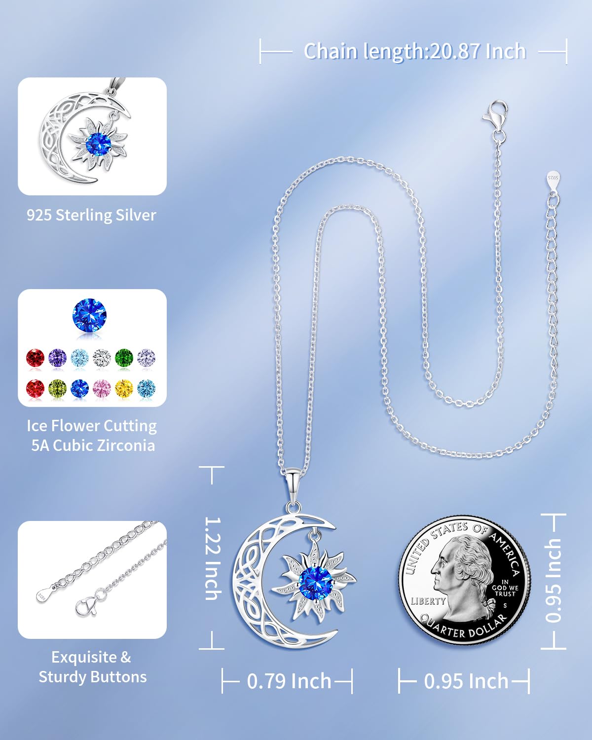 BDL Birthstone Necklaces for Women, 925 Sterling Silver Sun Moon Witch Jewelry Christmas Gifts: Sept. Sun Moon