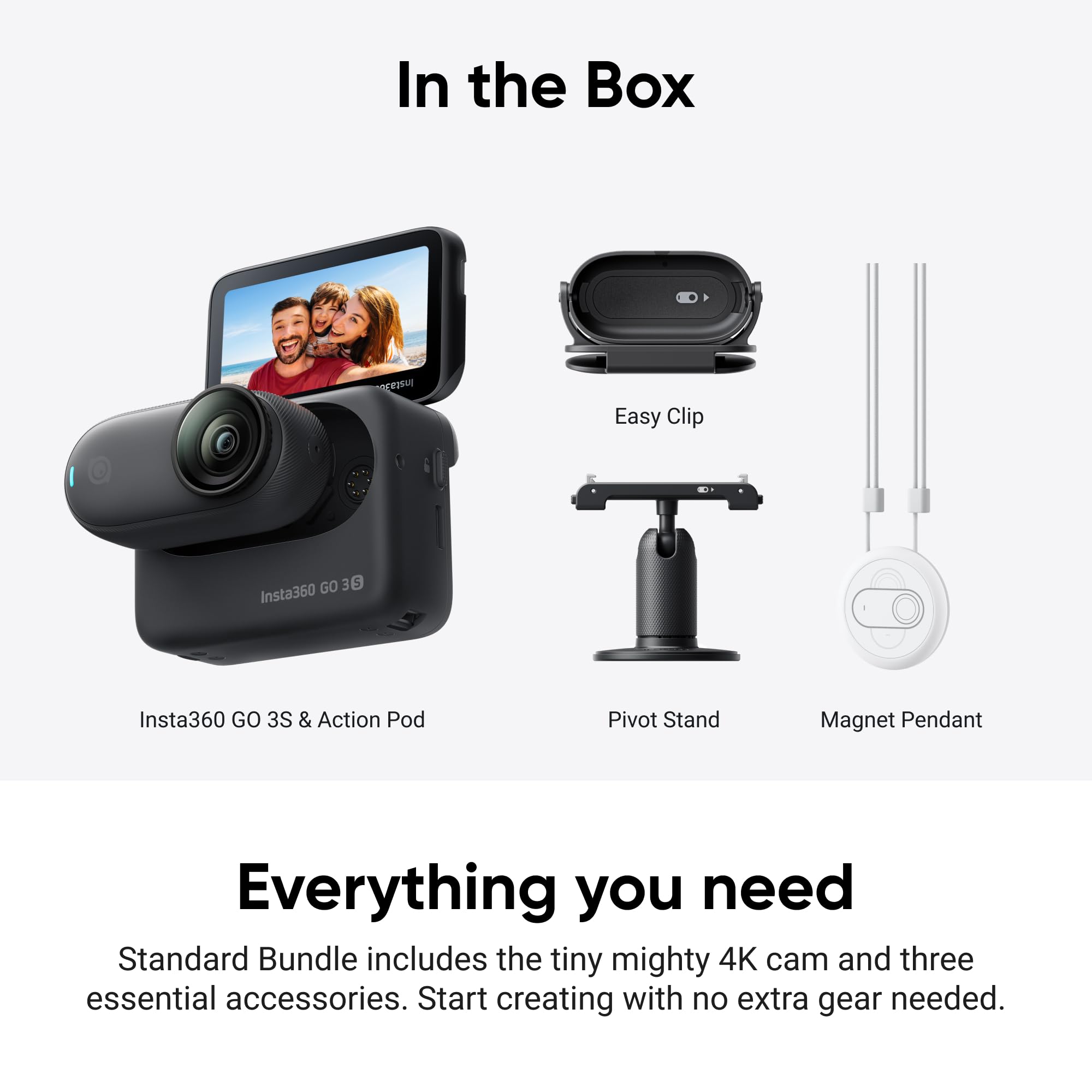 Insta360 GO 3S - 128 GB Black 4K Tiny Portable Vlogging Camera, Hands-Free POVs, Mount Anywhere, Stabilization, 140 Min Battery Life, 10m Waterproof, Pet POV: Black Standard Bundle