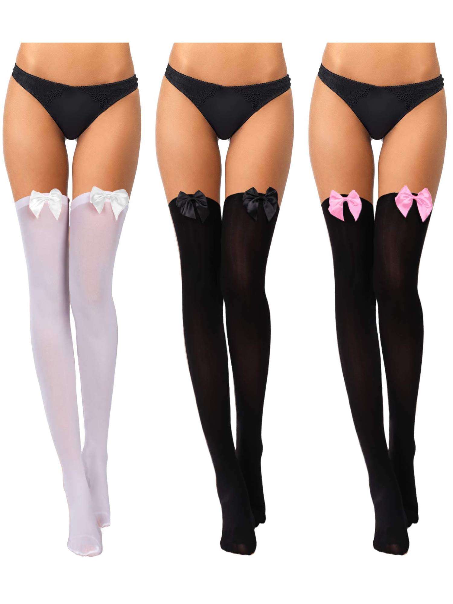 Boao 3 Pairs Thigh High Stockings Thigh High Socks with Bow for Women over Knee Lingerie Stockings for Cosplay Daily Wear: Medium Black With Black Bow, Black With Pink Bow, White With White Bow