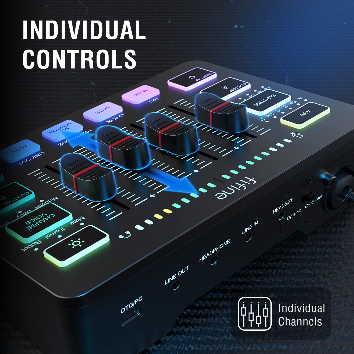 FIFINE Gaming Audio Mixer, Streaming RGB PC Mixer with XLR Microphone Interface, Individual Control, Volume Fader, Mute Button, 48V Phantom Power, for Podcast/Recording/Vocal/Game Voice-AmpliGame SC3 thumbnail 3