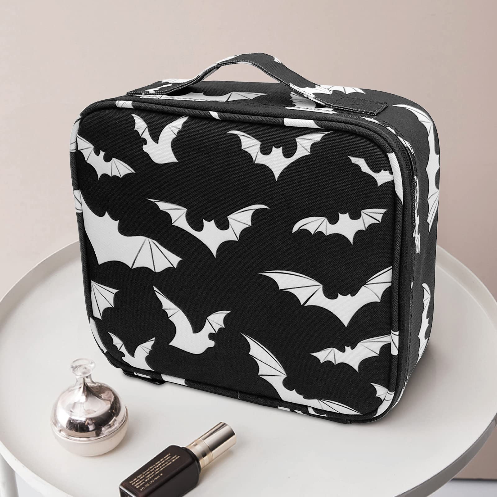 9CH Goth Makeup Organizer Bag, Halloween Makeup Bags Large Cosmetic Bag with Adjustable Dividers Portable Bat Cosmetic Case for Make up Brushes Toiletry Jewelry（Black Bats）: Goth Bats-1