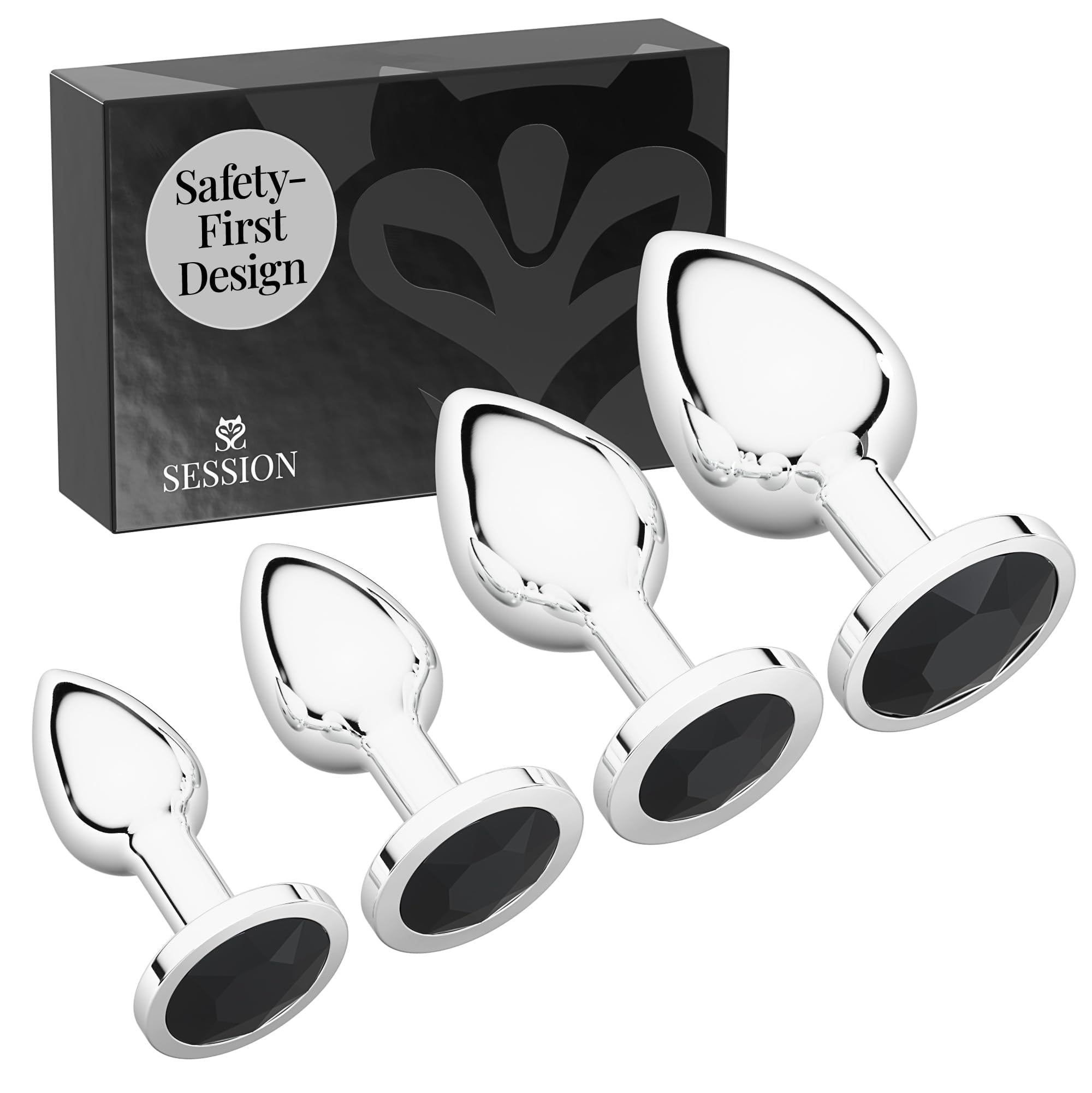 Session Jewel Butt Plug Beginner 4 Piece Set - Extra Small, Small, Medium, Large - Wide Base Prevents Slippage - Metal Anal Sex Adult Toy for Men & Women - Heart Shaped Charm (Silver & Red): Silver &amp; Black Circle Shaped Charm