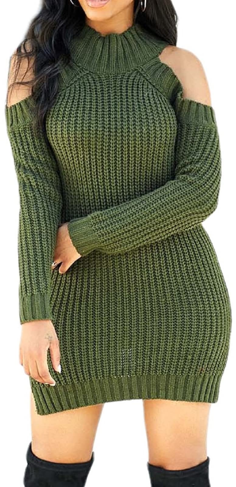 Sweater Dress for Women Elegant Casual Knit Long Sleeve Off Shoulder Pullover Winter Dresses: Small Green