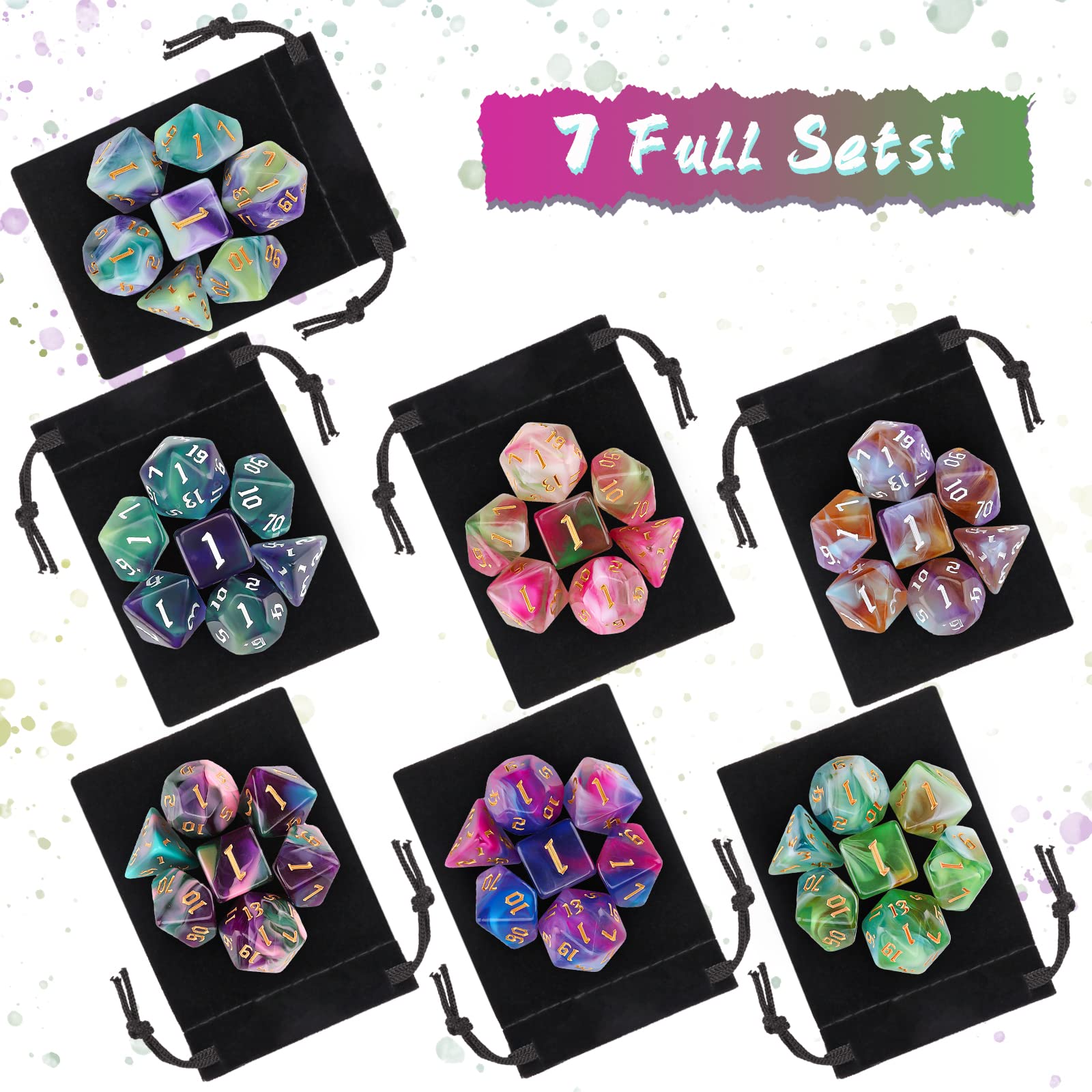 Surhugvy DND Dice Set, 7 X 7 (49 Pieces) Polyhedral Dice Set for Dungeons and Dragons DND RPG MTG Table Games with 7 Pack Black Bags: 49pcs