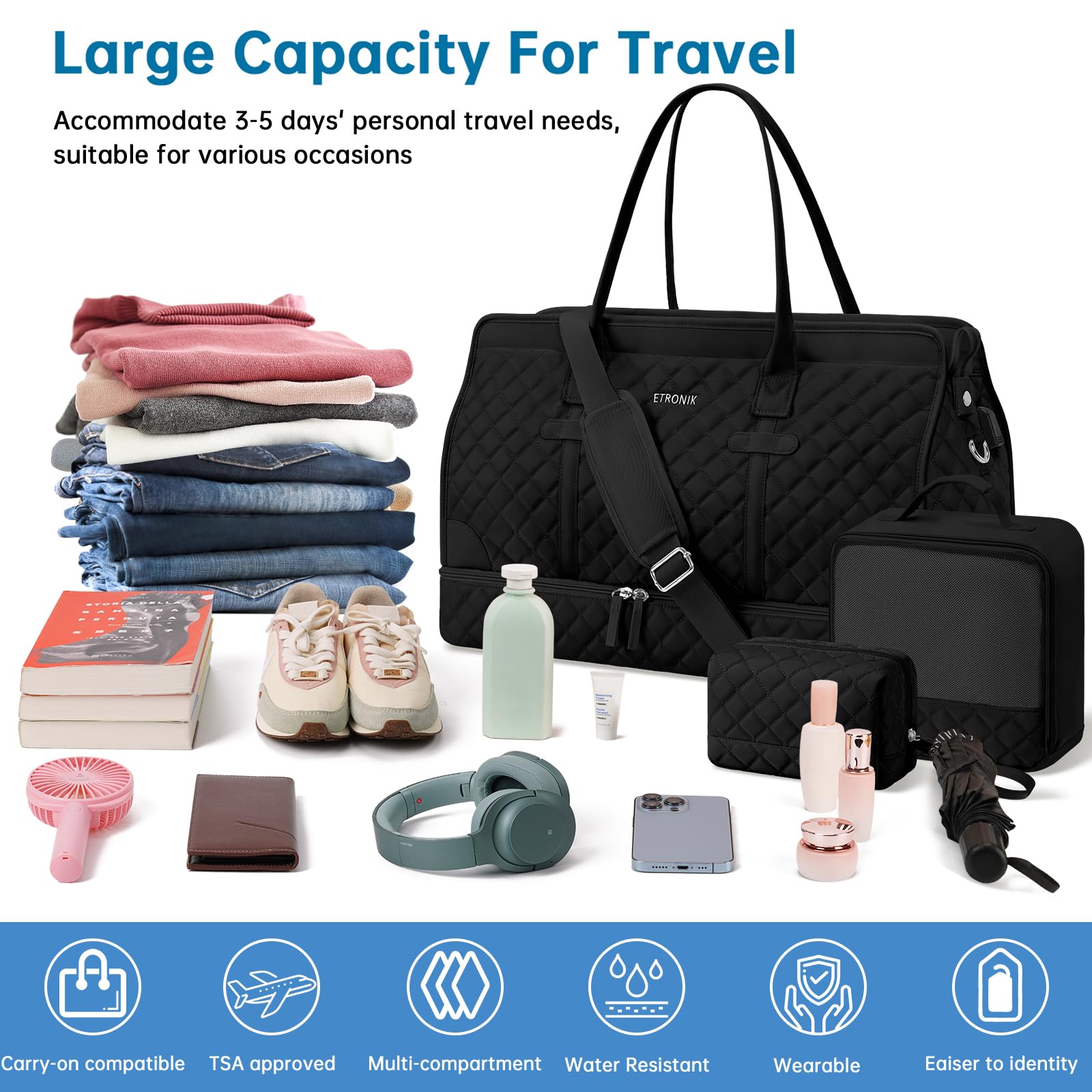 ETRONIK Weekender Overnight Bag for Women, Large Travel Duffle Bag with Shoe Compartment & Wet Pocket, Carry On Tote Bag Gym Duffel Bag with Toiletry Bag for Hospital 3 Pcs Set, XL Size, Dark Black: Extra Large Dark Black