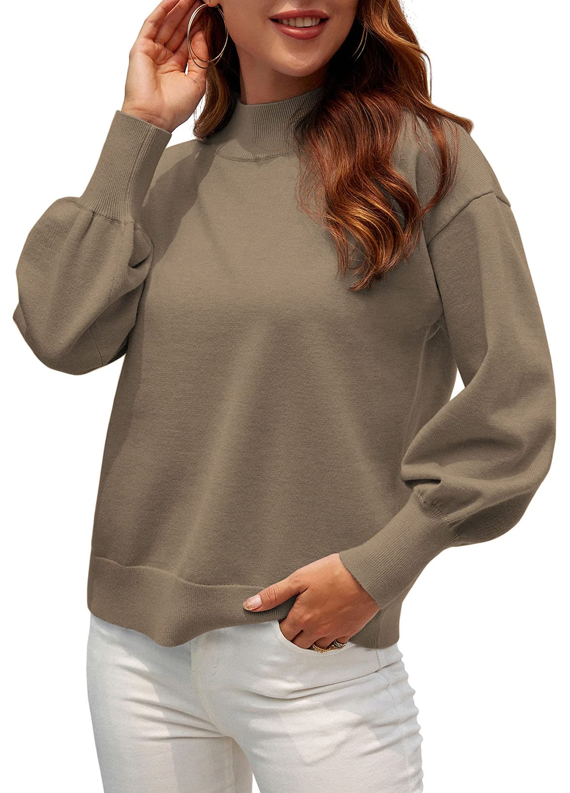 WEACZZY Women's Casual Mock Neck Long Lantern Sleeve Sweaters 2025 Fall Oversized Ribbed Knit Pullover Sweater Tops