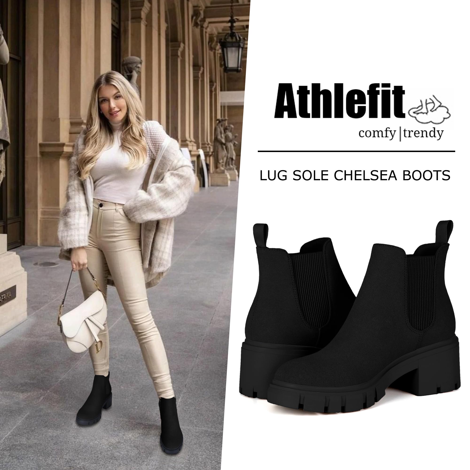 Athlefit Women's Chelsea Boots Fashion Lug Sole Chunky Heel Slip on Elastic Ankle Booties thumbnail 2