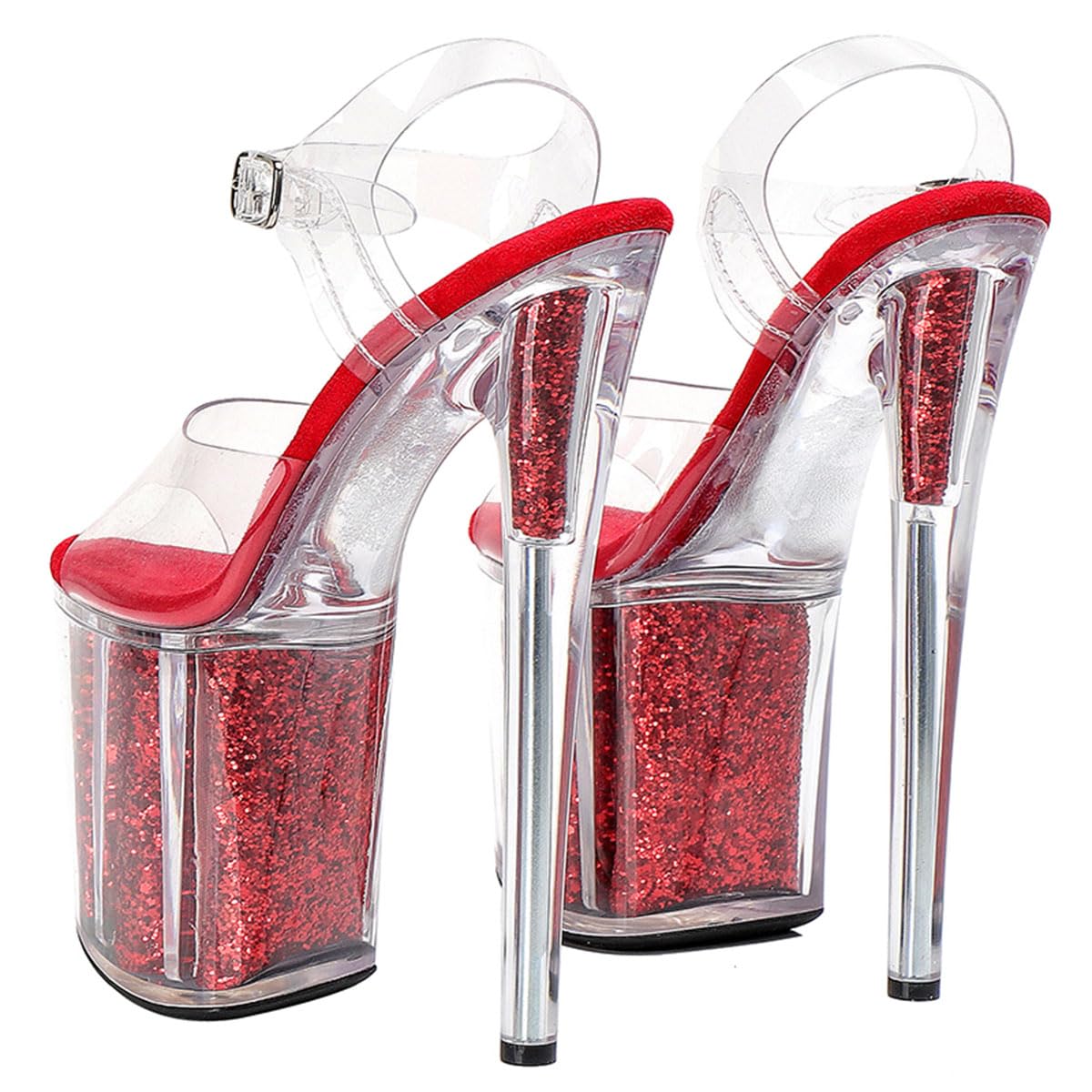 WUXIN H&P Women's Clear Platform Exotic Pole Dance Ankle-Strap Sandal 8 Inch Fashion Model Round Toe Sexy Stiletto Custom Dress shoes High Heel: 7 Red