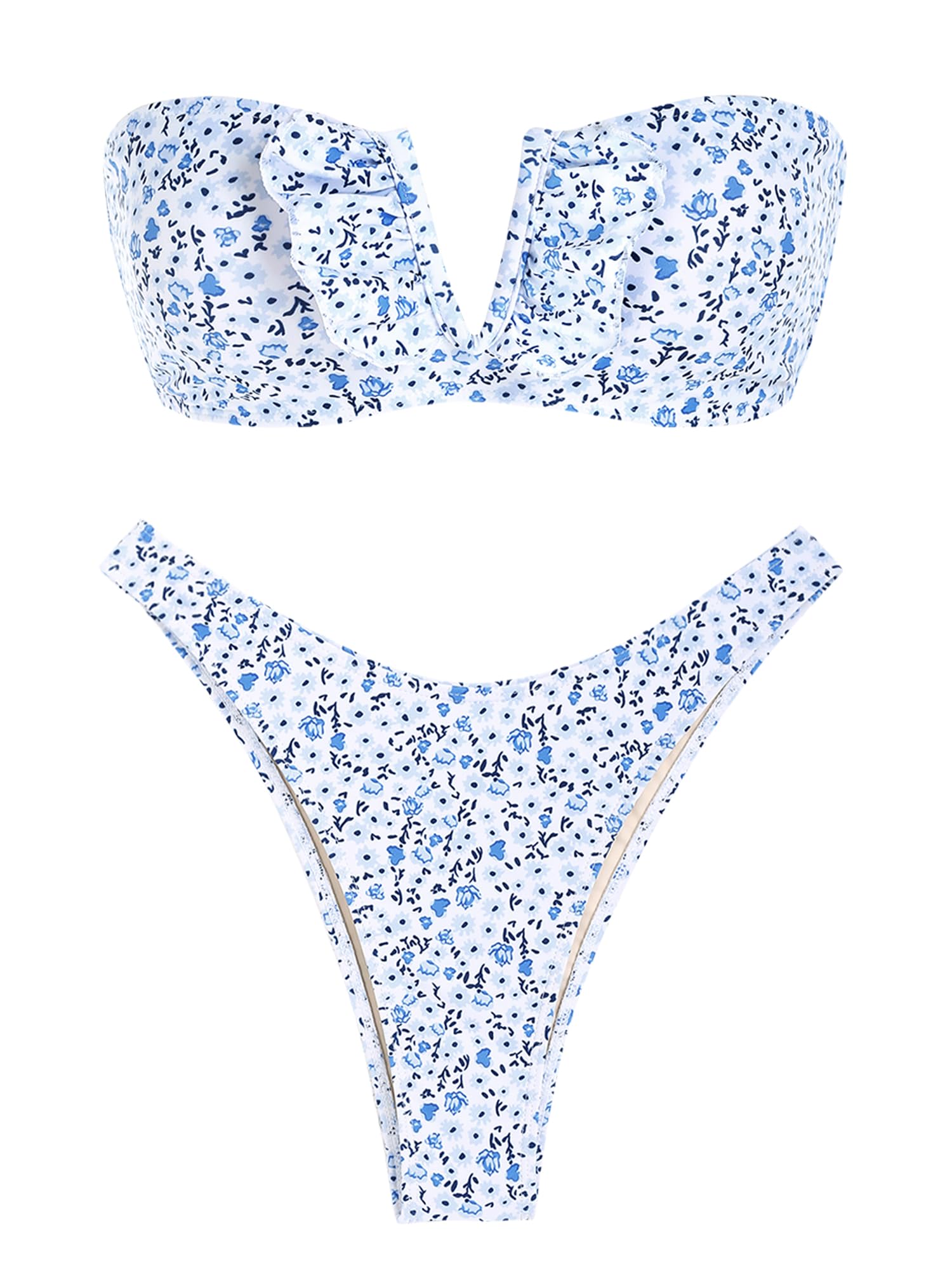 ZAFUL Women's Strapless Ribbed V Wired Lace Up Ruffle Tie High Cut Bandeau Swimsuits Bikini Set: 7-light Blue Small