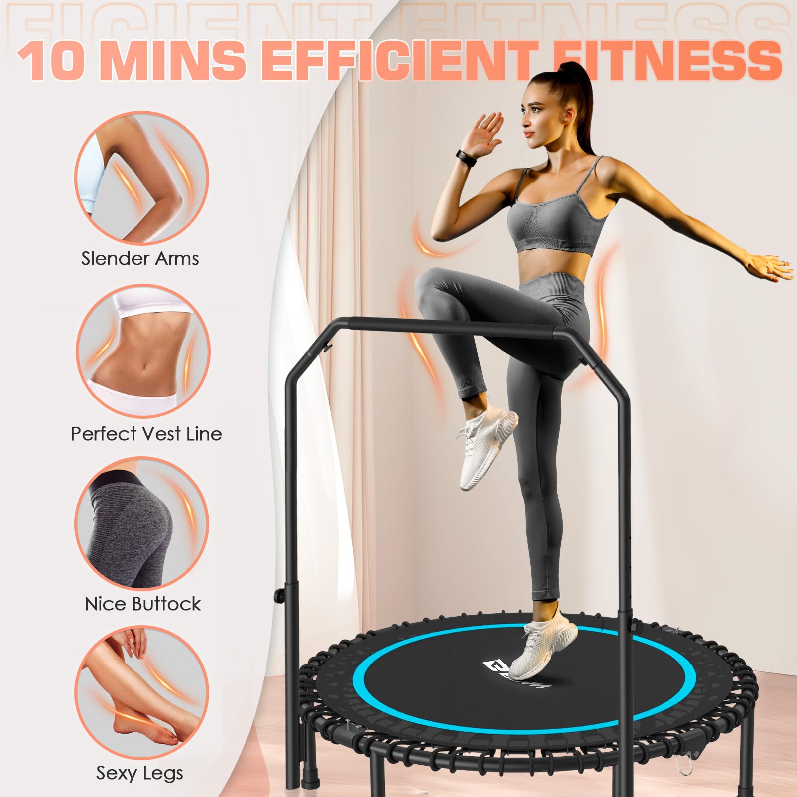 BCAN 450/550 LBS Foldable Mini Trampoline, 40"/48" Fitness Trampoline with Bungees, U Shape Adjustable Foam Handle, Stable & Quiet Exercise Rebounder for Adults Indoor/Outdoor Workout: 40IN 40-BLUE