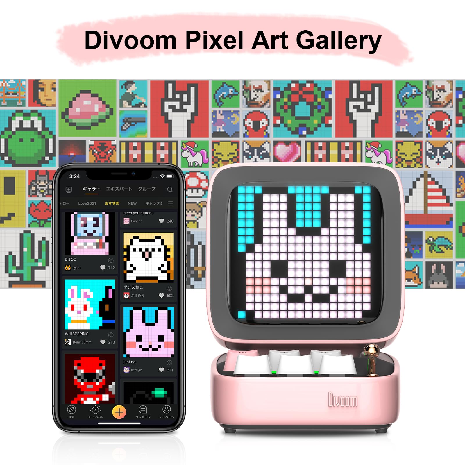 Divoom Ditoo Retro Pixel Art Game Bluetooth Speaker with 16X16 LED App Controlled Front Screen (): Pink