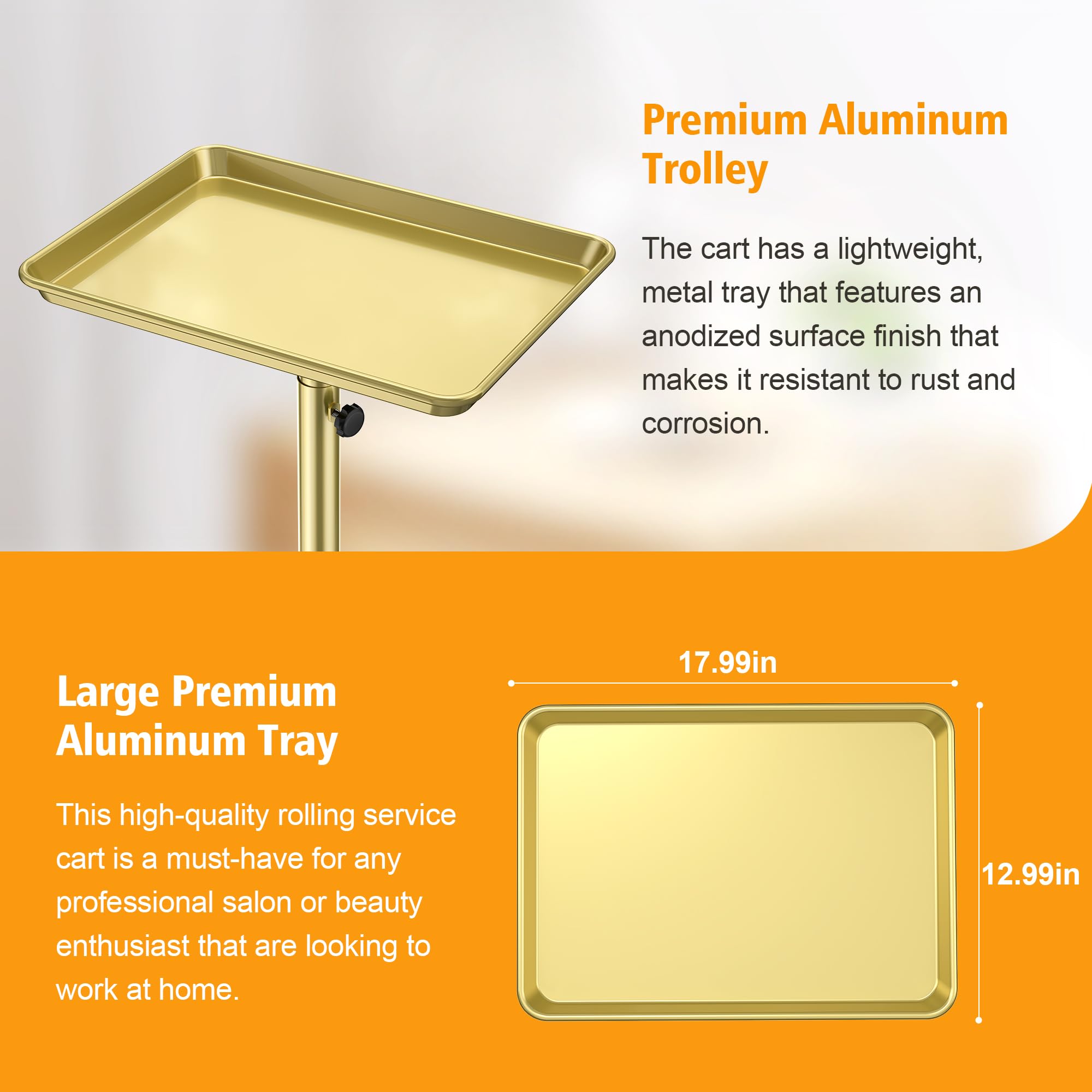 DEER BEAUTY Salon Tray on Wheels - Premium Aluminum Tattoo Tray Rolling Trolley - Adjustable Salon Service Rolling Tray Hairdresser Cart with Clinic Spa Rolling Tray Wheels (): Bronze
