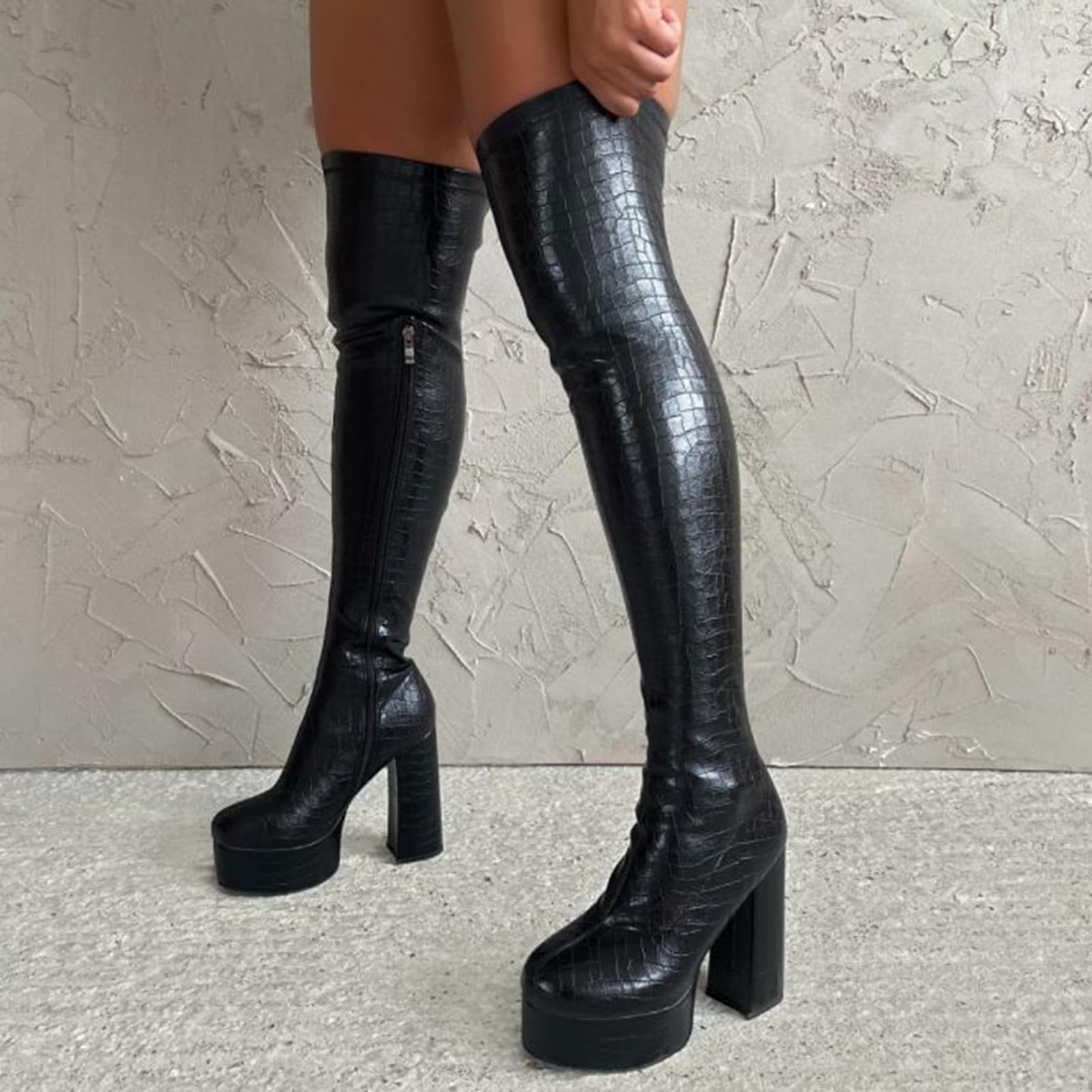Roimaash Women's Over-the-knee Boots Thigh High Heels: 7 Black Stone