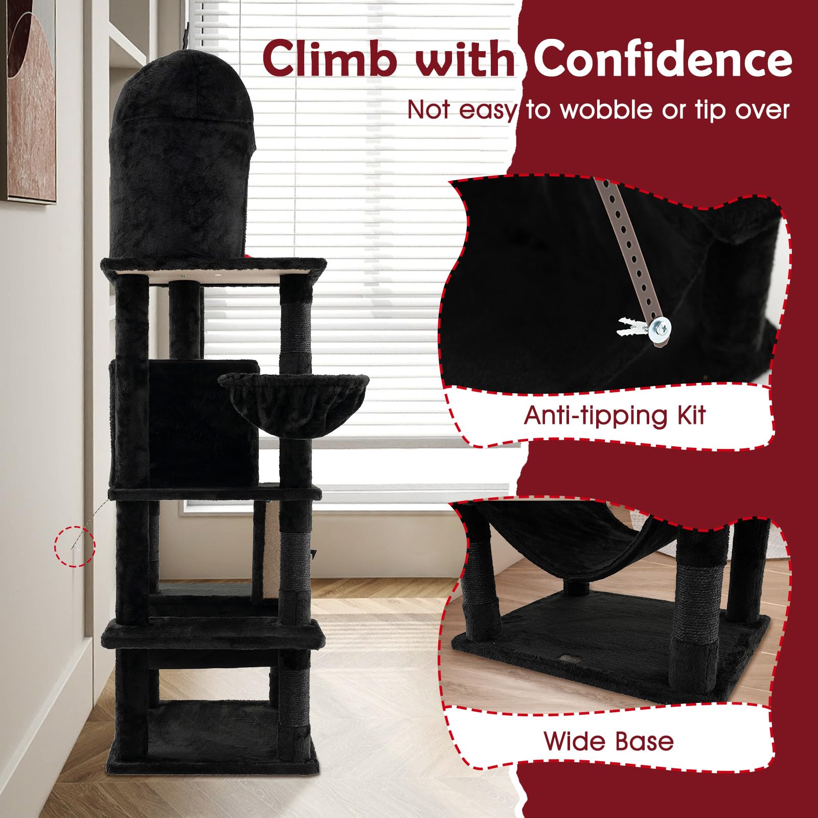 PETSITE 67 inch Tall Gothic Cat Tree, Multi-Level Halloween Cat Tree with Scratching Posts and Ladder, Cat Condos, Spooky Dangling Balls, Hammock, and Basket Bed, Goth Cat Tree for Indoor Cats, Black