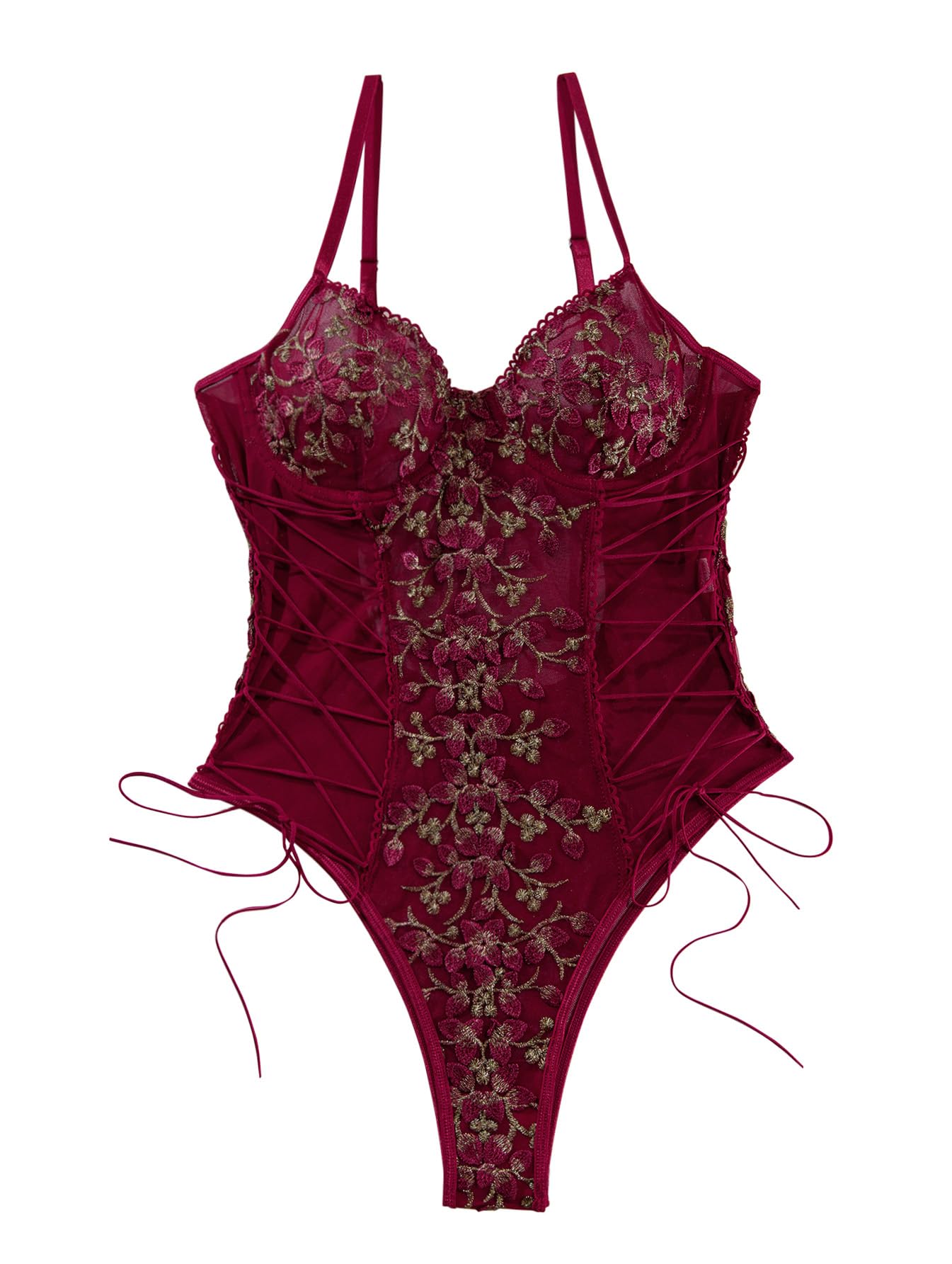 Lilosy Women Sexy Lace Up Floral Embroidered Teddy Lingerie Bodysuit Top Mesh Sheer One Piece: Small Burgundy
