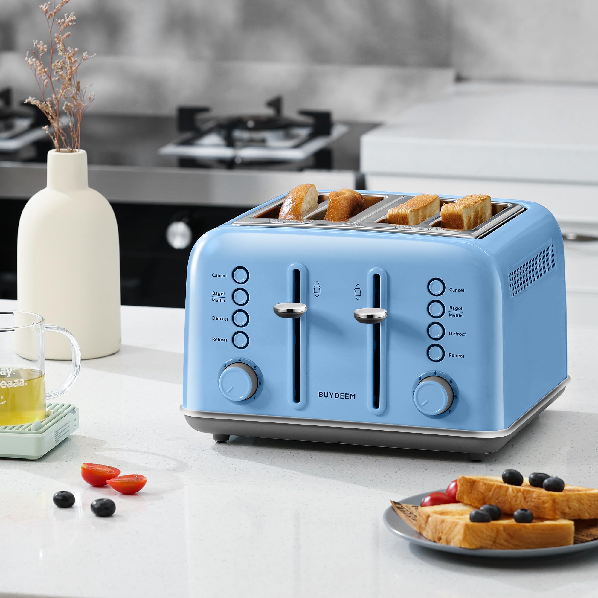 BUYDEEM DT640 4-Slice Toaster, Extra Wide Slots, Retro Stainless Steel with High Lift Lever, Bagel and Muffin Function, Removal Crumb Tray, 7-Shade Settings,