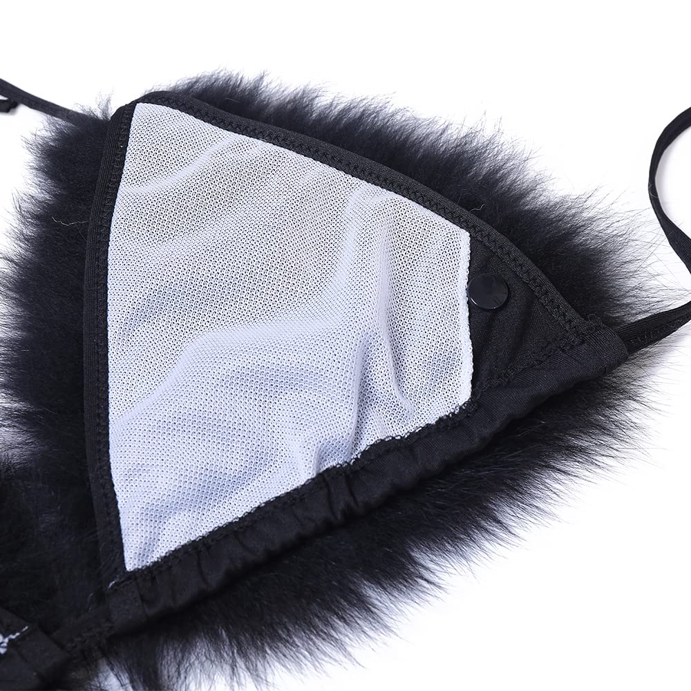 ZOSCGJMY Women's Faux Fur Halter String Triangle Bikini Sets Two Piece Swimsuits: One Size Black
