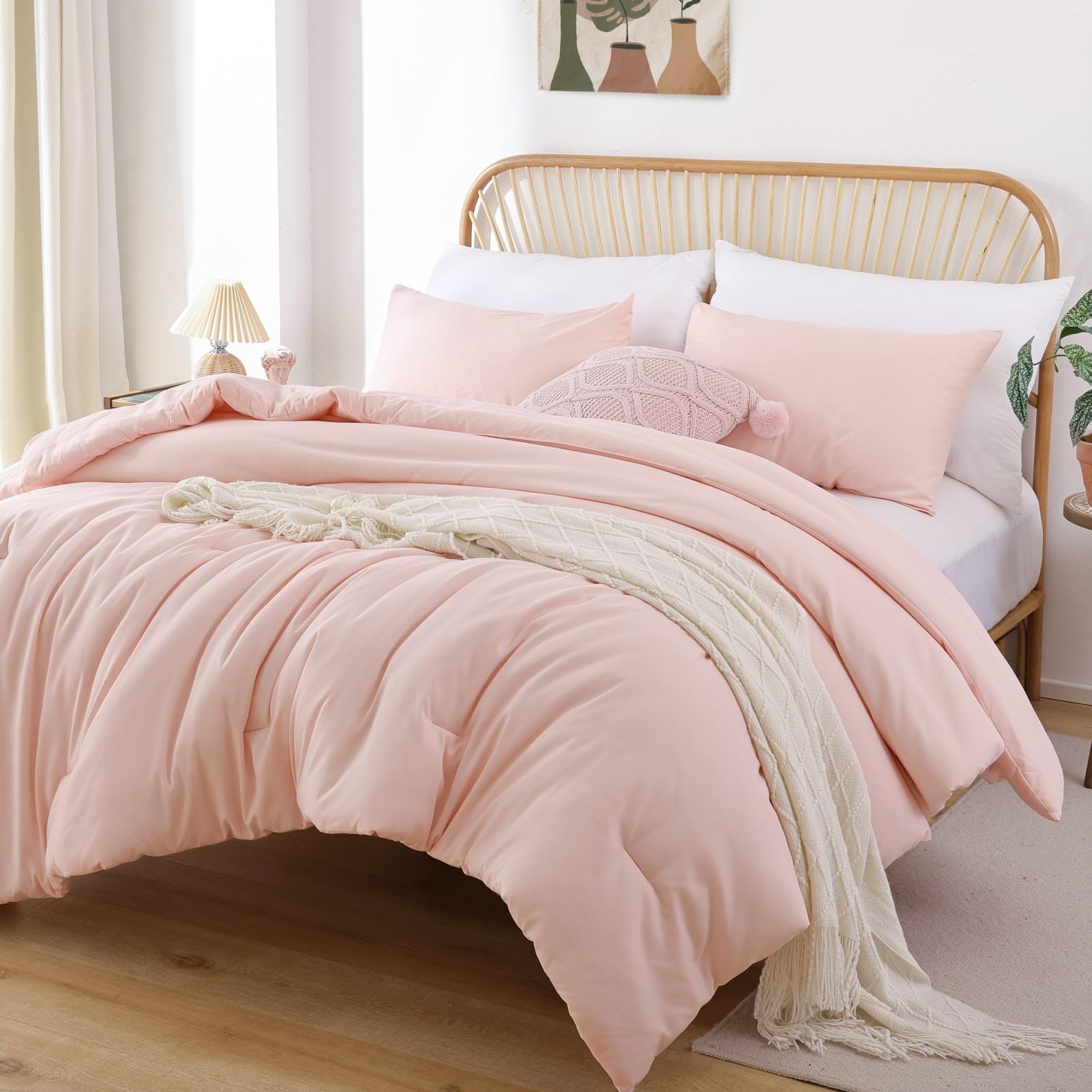 ROSGONIA Queen Comforter Set Oatmeal, 3pcs(1 Boho Oatmeal Comforter & 2 Pillowcases) All Season Soft Bedding Lightweight Bedspread Blanket Quilt: Queen Comforter 90"x90" Blush