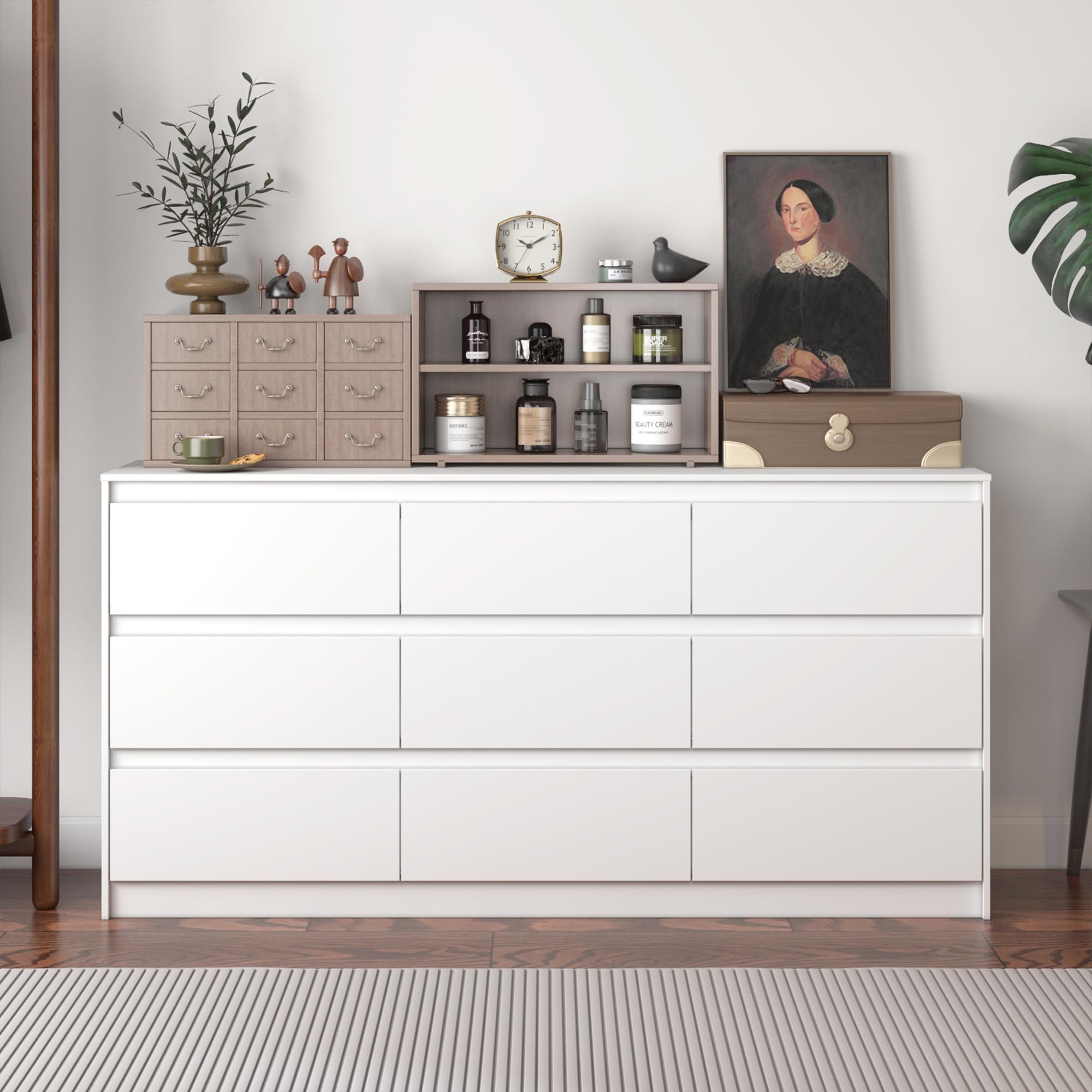 Hitow 9 Drawer Dresser for Bedroom with Deep Drawers, Large Floor Wood Dressers & Chest of Drawers Handle Free, Modern White Long Dressers for Closet Living Room, Euro Slide (63"W x 15.7"D x 31.5"H)