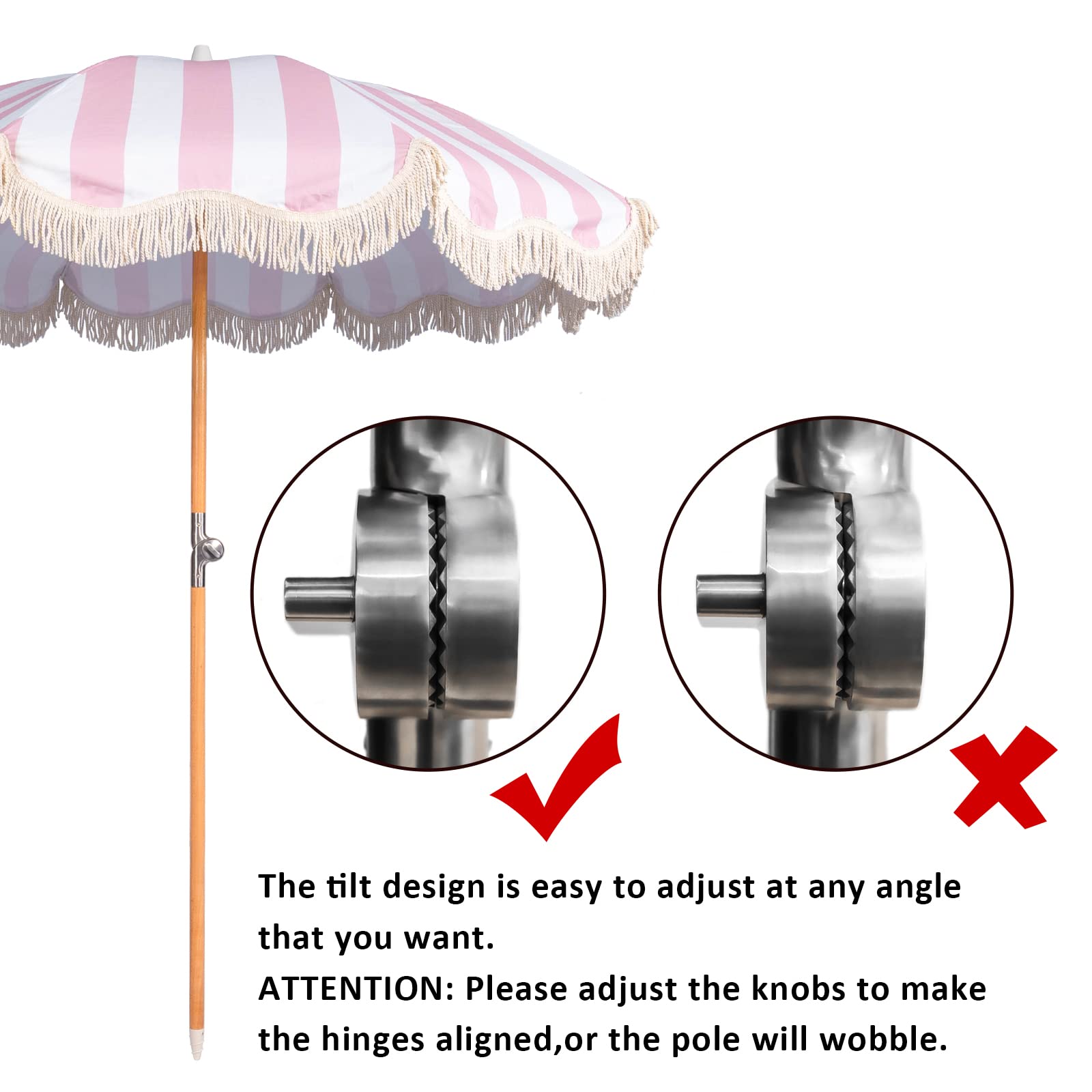 Funsite 6.5ft Boho Beach Umbrella with Fringe, UPF 50+ Tassel Umbrellas with Carry Bag, Premium Wood Pole Foldable Patio Umbrella for Outdoor Holiday Garden Lawn Pool Yard Table