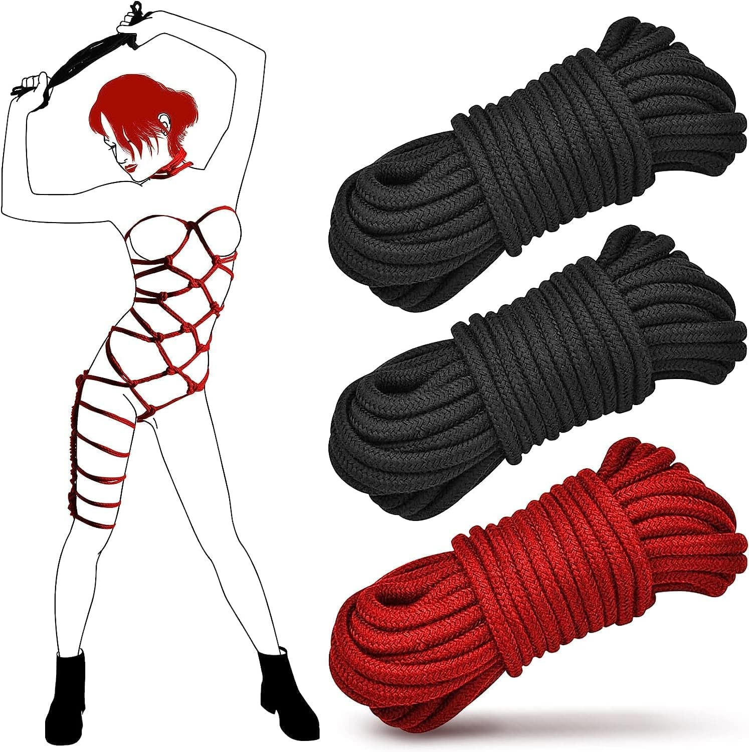 Super Soft Cotton-Rope Shibari Bondage / Restraint Kit, BDSM Beginner Set, Adult Sex Toys for Women Men and Couples(Black+Red)