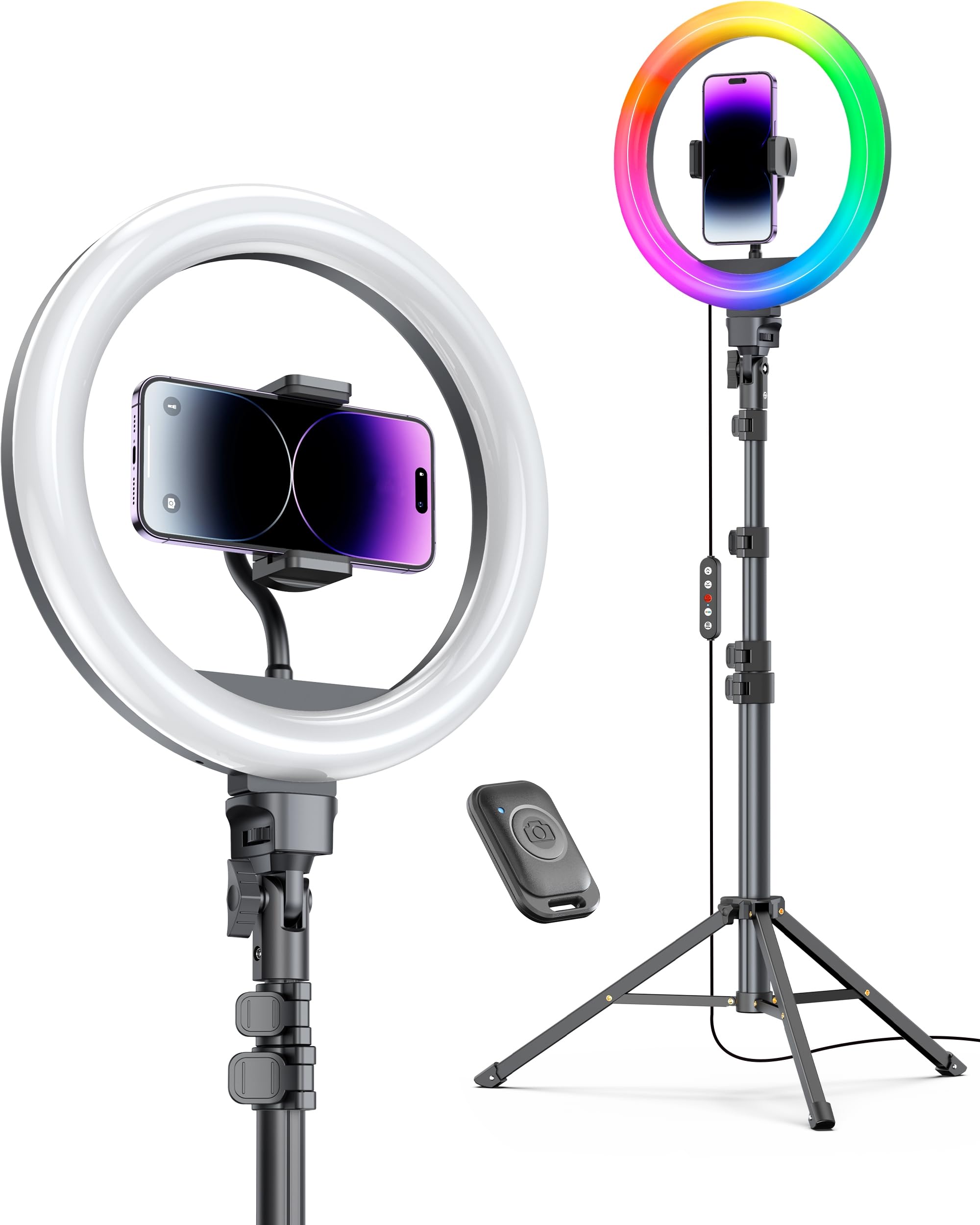 Weilisi 12" Selfie Ring Light with 63" Tripod Stand, Dimmable LED Ring Light with Phone Holder and Wireless Remote, [2-in-1] RGB & Selfie Stick for Photography/Makeup/Live Stream/YouTube: 12&apos;&apos; Color