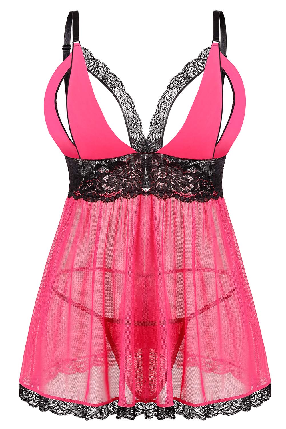 Donnalla Women Plus Size Lingerie 2 Piece Contrasting Lace Babydoll Lingerie Set V Neck Strap Chemise Sleepwear: Medium Pink