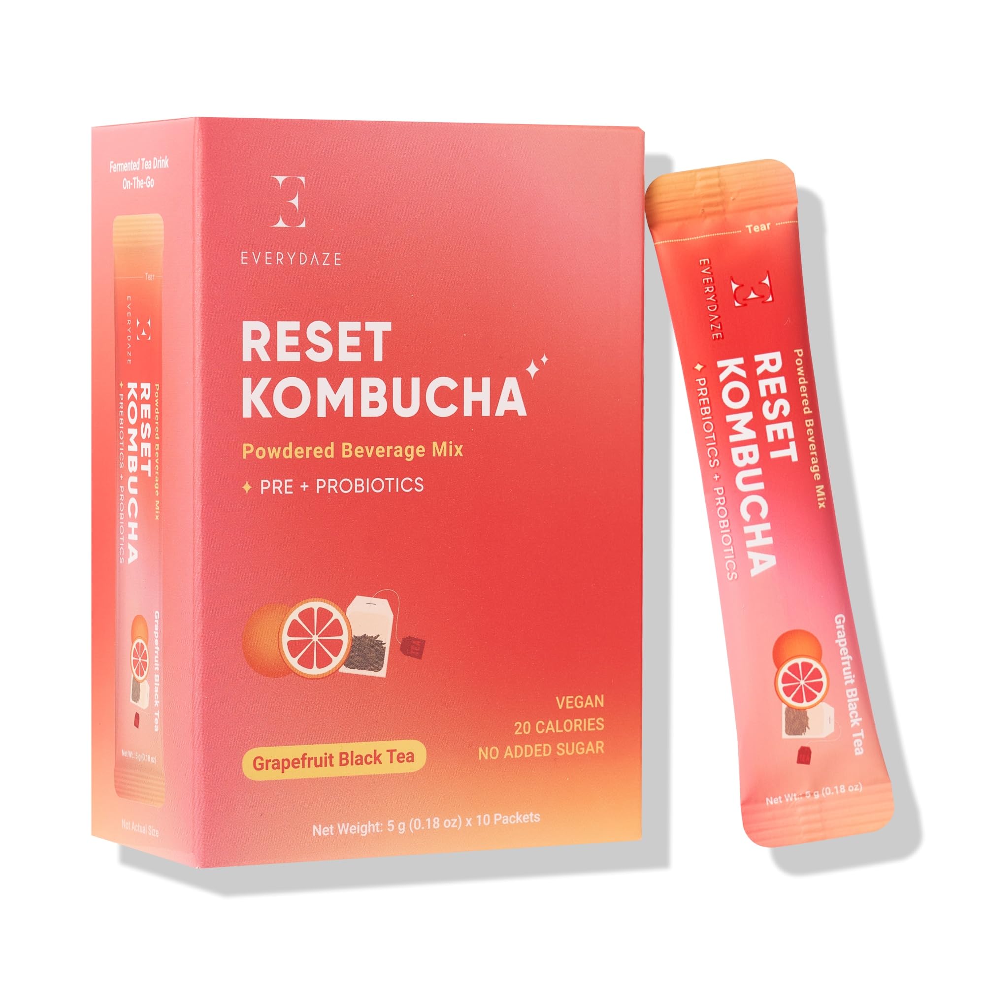 Everydaze BT21 Reset Kombucha Tea Powdered Beverage Mix | 10 Sticks | Prebiotics + Probiotics | Vegan | No Added Sugar, Gluten Free, Sparkling Powder Drink Pack ()