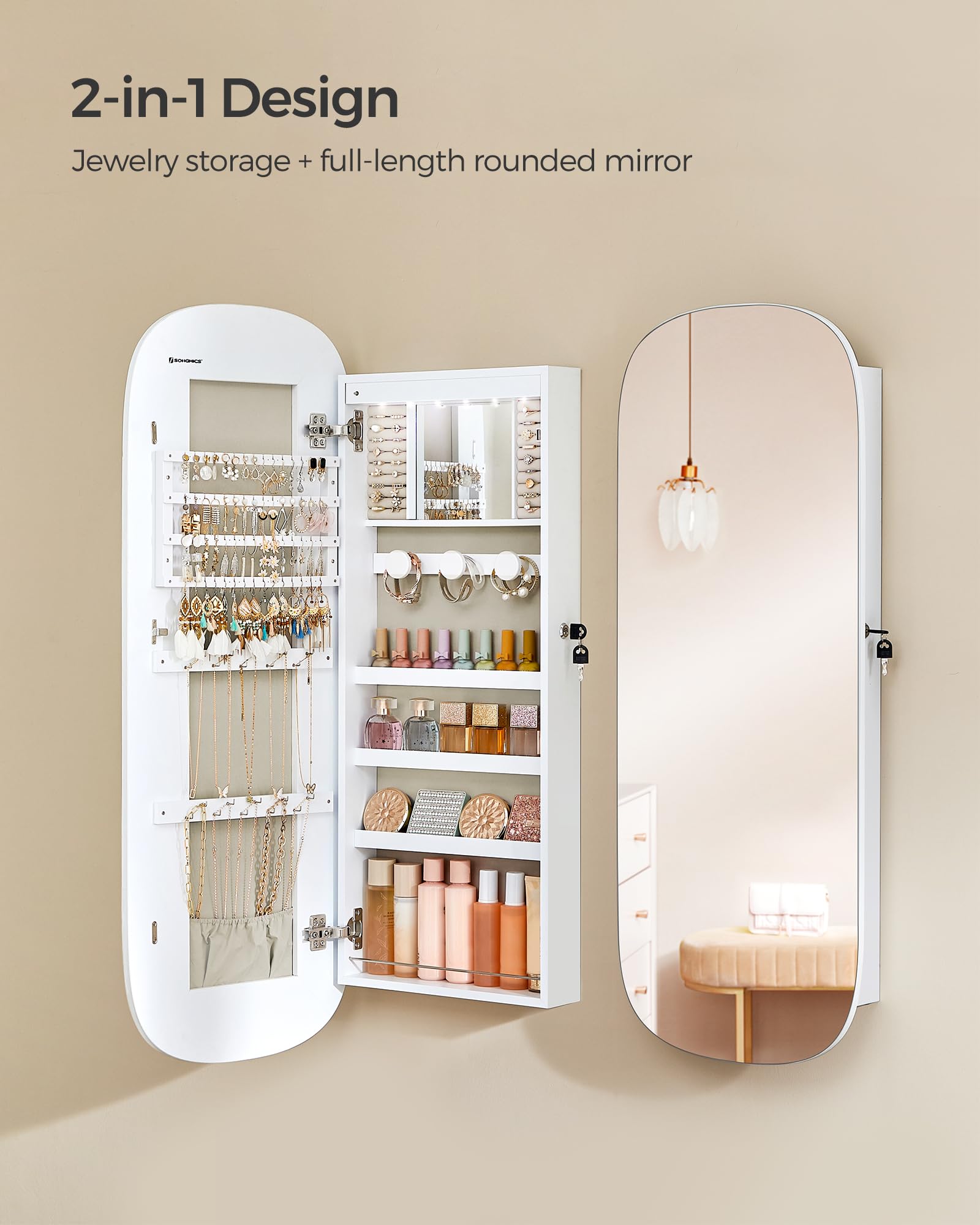 SONGMICS Jewelry Organizer, LED Jewelry Cabinet Wall or Door Mounted, Lockable Rounded Wide Mirror with Storage, Interior Mirror, 3.9 x 16.5 x 42.5 Inches, White Surface with Greige Lining UJJC026W01