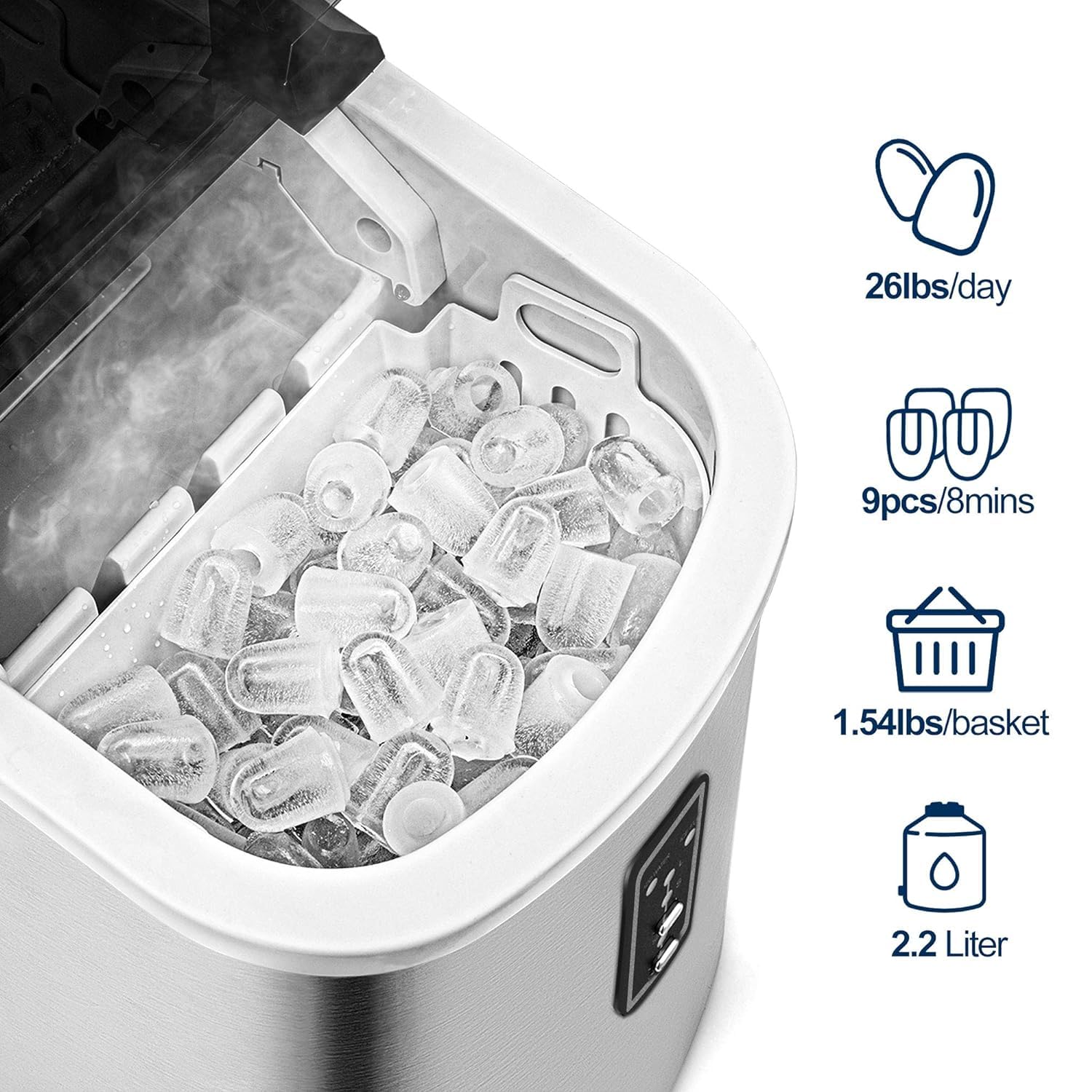 EUHOMY Nugget Ice Maker Countertop with Handle, Ready in 6 Mins, 34lbs Per Day, Removable Top Cover, Auto-Cleaning, Portable Sonic Ice Maker with Basket and Scoop, for Home/Party/RV/Camping (): Steel Silver