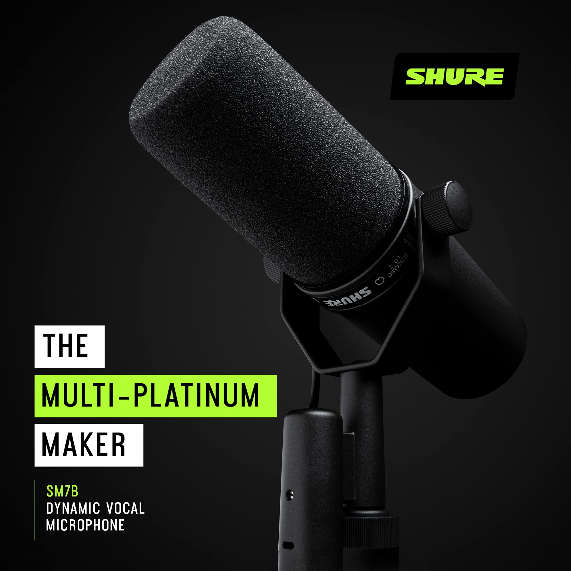 Shure  Microphone - Vocal Dynamic Studio Mic for Broadcast, Podcast, Recording, Gaming & Streaming, XLR, Rugged Construction, Detachable Windscreen, Smooth Sound, Warm Vocals, Wide-Range Frequency: SM7B