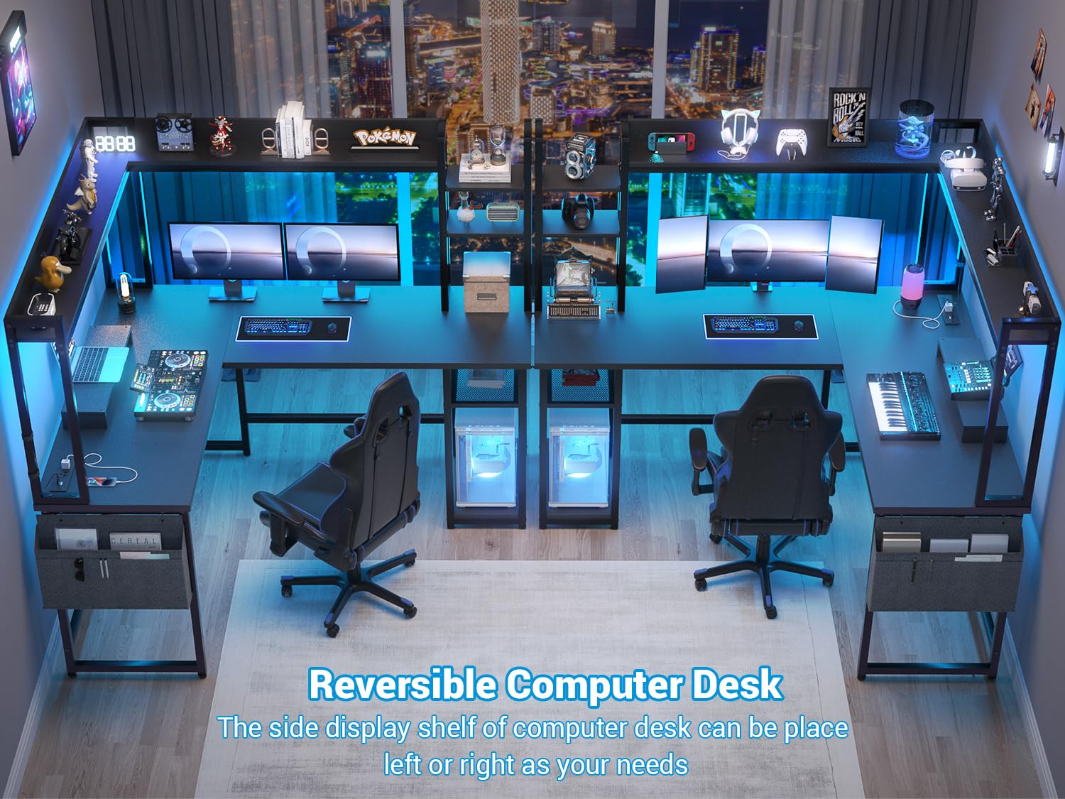 Aheaplus L Shaped Desk with Power Outlet, L Shaped Gaming Desk with Led Light & Hutch, Reversible Home Office Desk, Corner Computer Desk Writing Desk with Monitor Stand & Storage Shelves,: Black