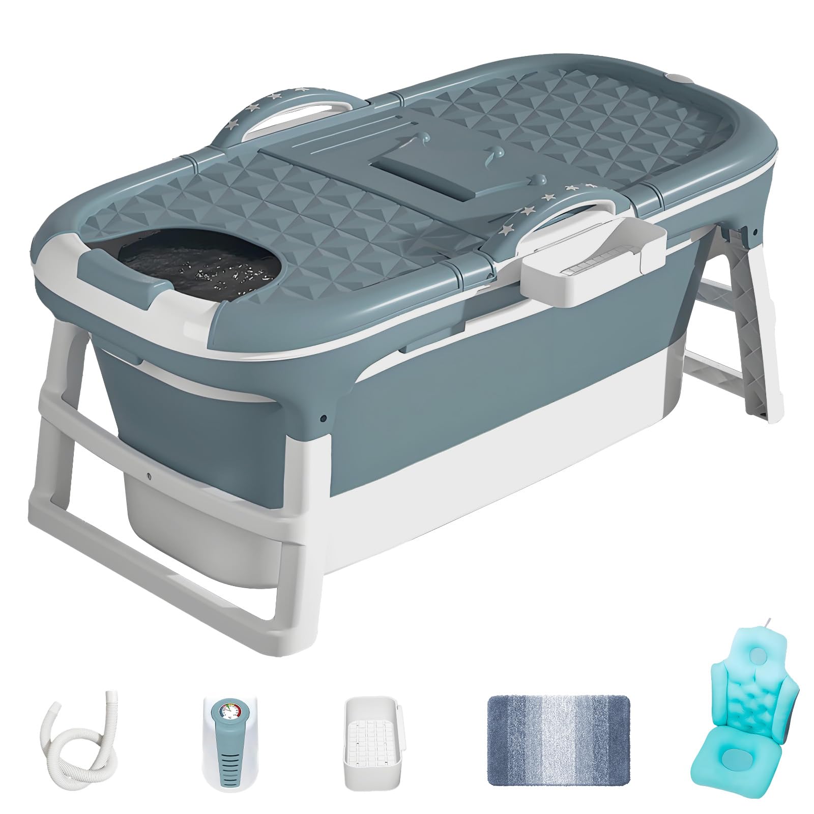 Portable Bathtub with Thermometer,59 Inch Foldable Bathtub for Adults,Soaking Bath Tub with Removable Cushion,Non-Slip Carpet and Cover,Collapsible Tub for Hot Bath, Ice Bath (Blue, 59IN)