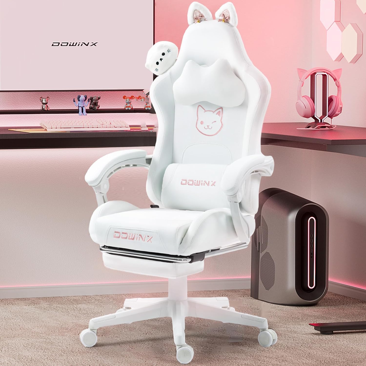 Dowinx Gaming Chair Cute with Cat Ears and Massage Lumbar Support, Ergonomic Computer Chair for Girl with Footrest and Headrest, Comfortable Reclining Game Chair 290lbs for Adult, Teen, White: White