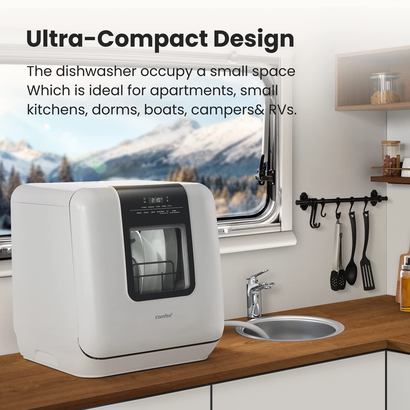 COMFEE' Countertop Dishwasher, Portable Dishwasher with 6L Built-in Water Tank, Mini Dishwasher with More Space Inside, 7 Programs, UV Hygiene& Auto Door Open, for Apartments, Dorms& RVs, White
