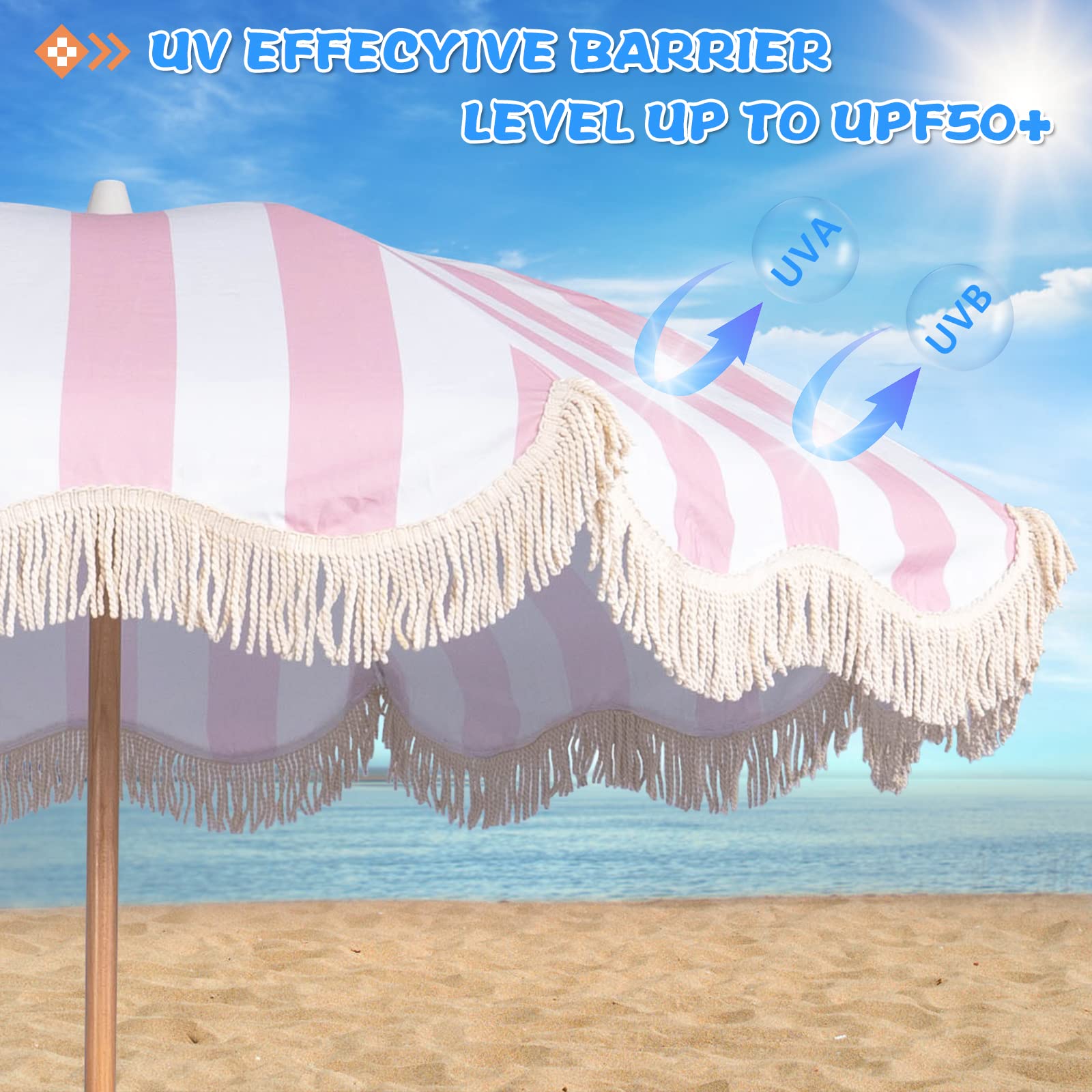 Funsite 6.5ft Boho Beach Umbrella with Fringe, UPF 50+ Tassel Umbrellas with Carry Bag, Premium Wood Pole Foldable Patio Umbrella for Outdoor Holiday Garden Lawn Pool Yard Table