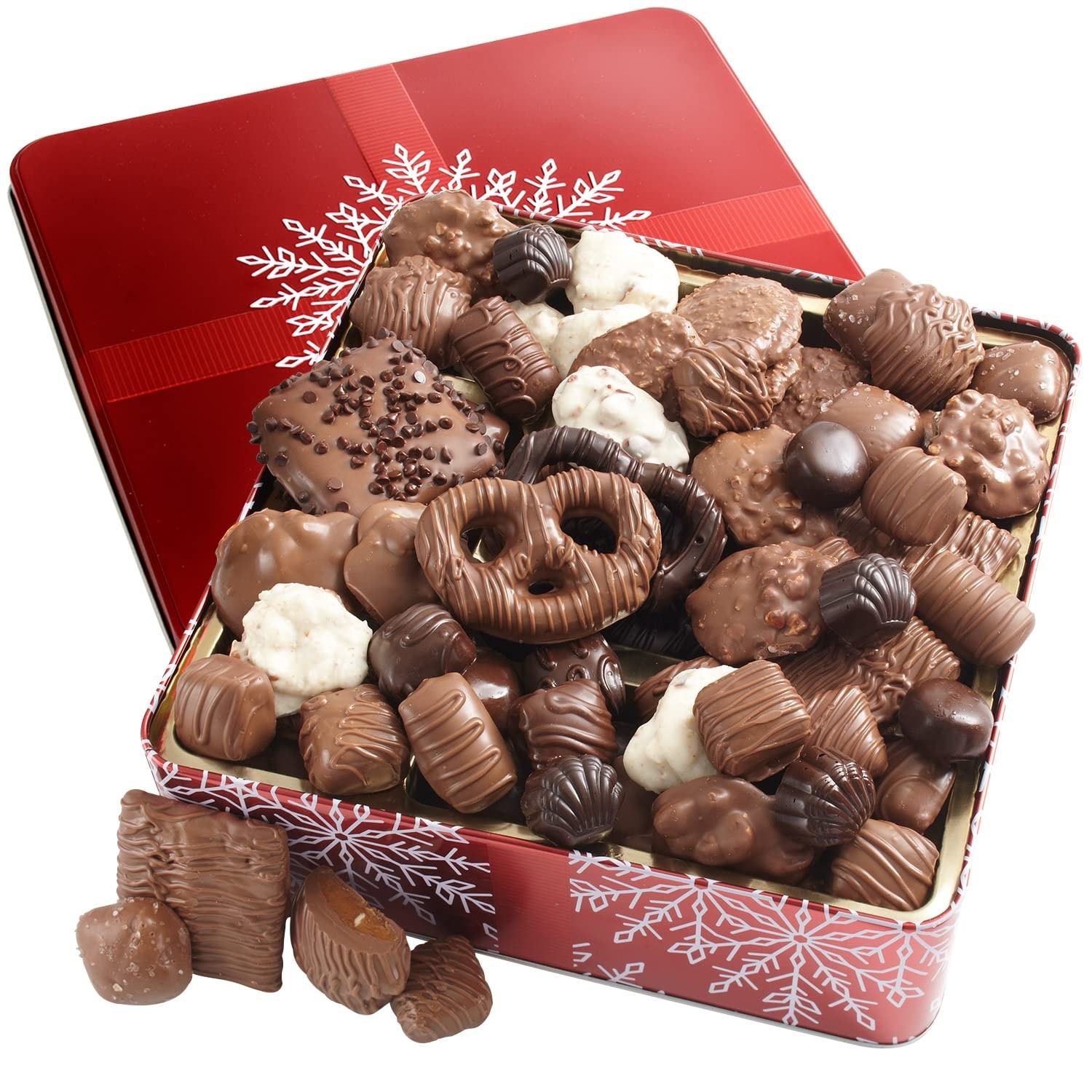 Chocolate Gift Basket- Gourmet Chocolate Snack Variety Present in Keepsake Tray- Includes Belgium Pretzels, Peppermint Patties, Sea Salt Caramels, Chocolate Espresso Beans- Bonnie and Pop - Image 1
