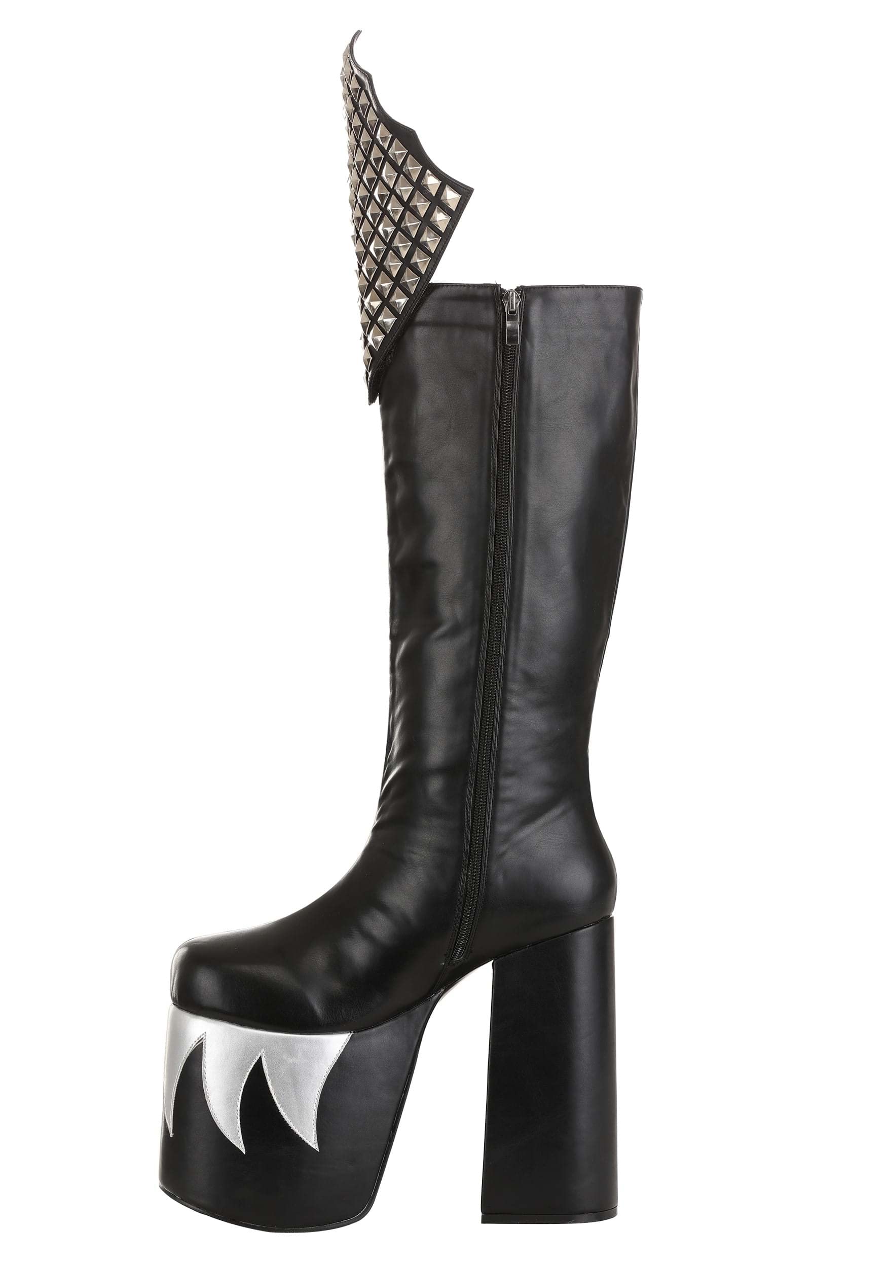 Fun Costumes KISS Demon Boots for Men's Cosplay Costume, Gene Simmons Black Platform Boots with Silver Flame Design Size 10
