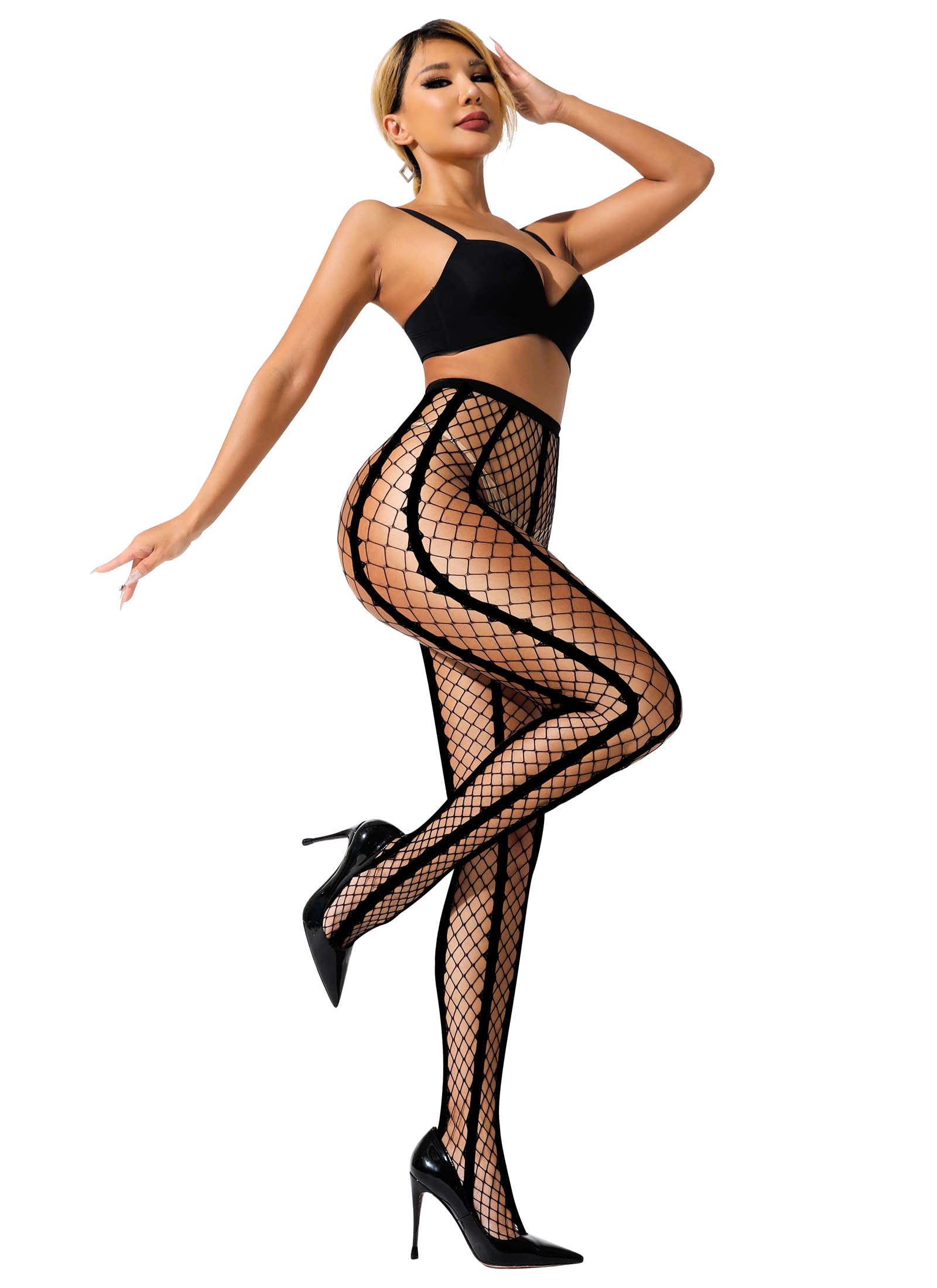 ITERDIN Sexy Striped Fishnets Stockings Tights Fishnet Stockings For Women Black Fishnets Womens