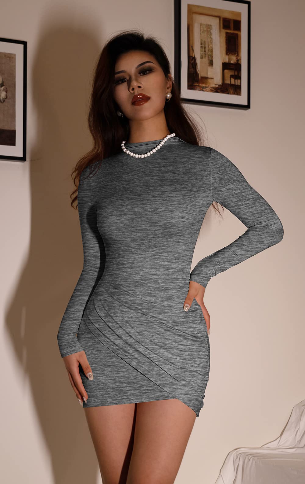 GOBLES Women's Long Sleeve Elegant Sexy Bodycon Ruched Mini Cocktail Dress