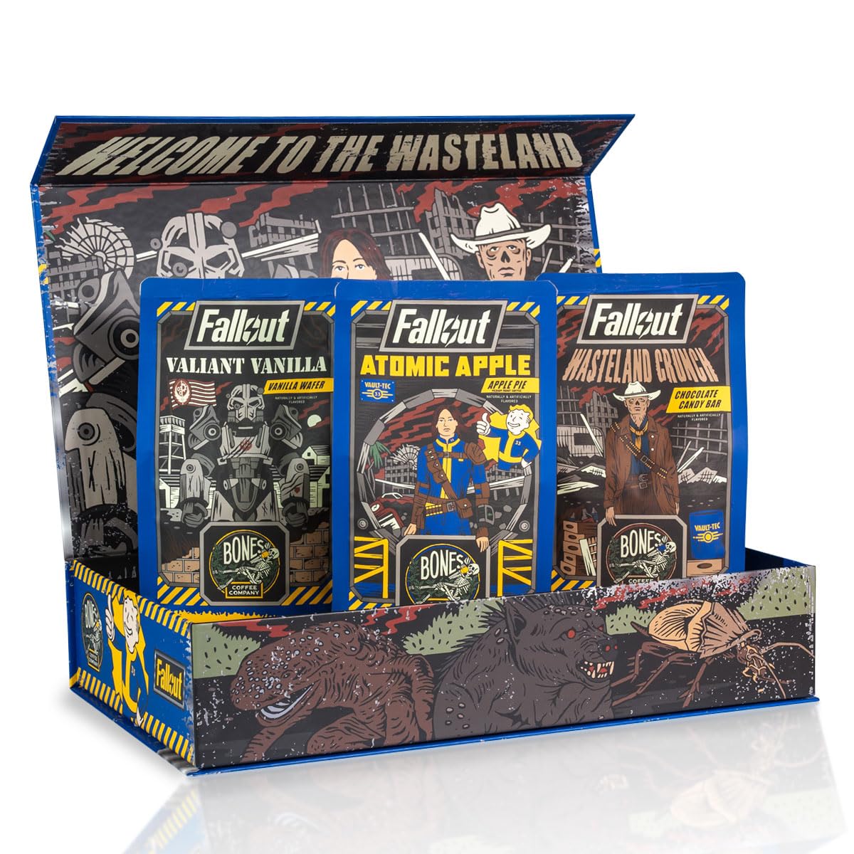 Bones Coffee Company Fallout Collector's Box Sample Pack Gift Set, Flavored Coffee Beans, Medium Roast Ground Coffee Low Acid, Apple Pie Flavor (12 oz Pack of 3): 12 Ounce (Pack of 3) Fallout Collector's Box (Ground)