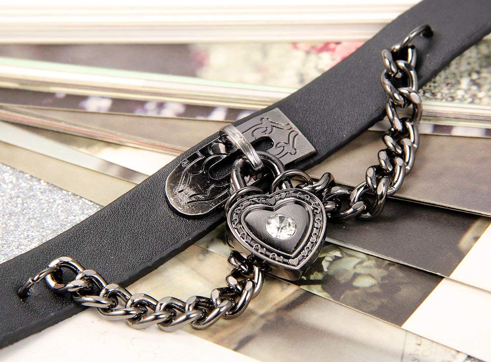 Flongo Womens Men's Fashion Punk Alloy Cool Gothic Heart-Shape Lock Link Leather Collar Choker Necklace: Flongo Womens Men's Fashion Punk Alloy Cool Gothic Heart-Shape Lock Link Leather Collar Choker Necklace