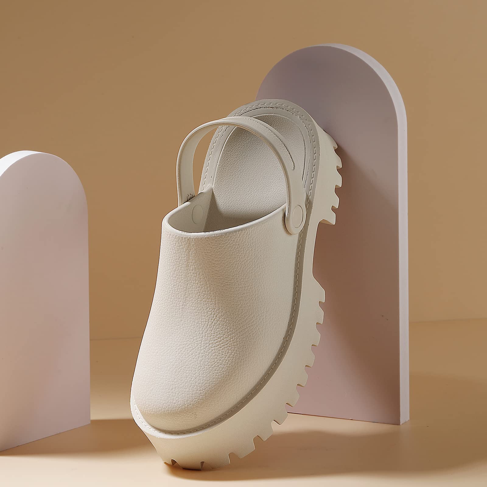 Women Platform Thick Soled Slippers,Beige Slip On Clogs Casual Non Slip Home Lazy Waterproof Fashion Sandals thumbnail 4