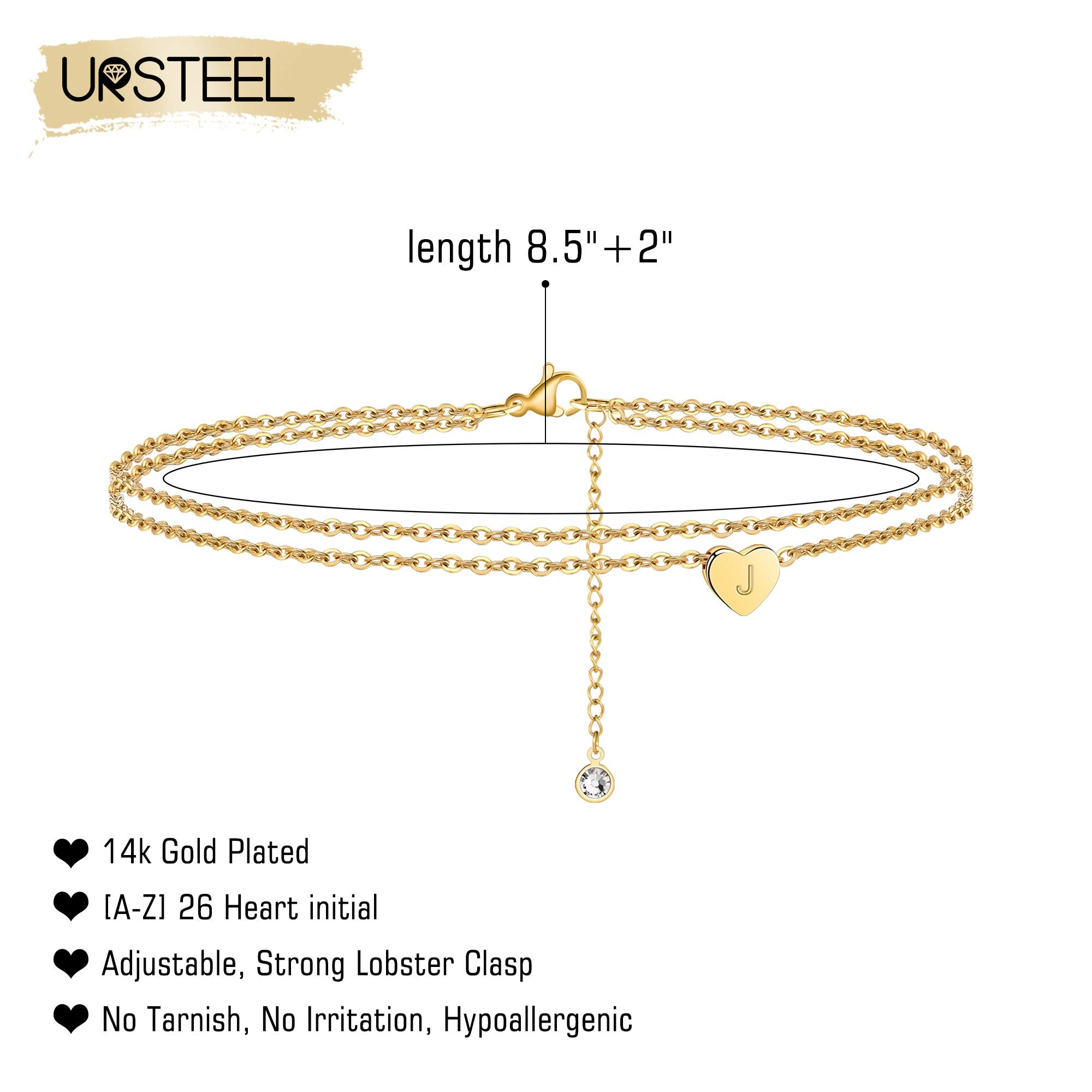 Ursteel Ankle Bracelets for Women, 14K Gold Plated Dainty Layered Heart Initial Anklets for Women Gifts
