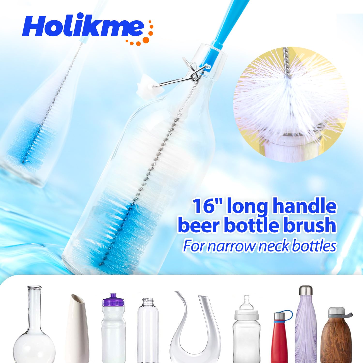 Holikme Bottle Brush Tube Cleaning Lab Set with Long Handle, Cup Cleaner for Washing Narrow Neck Beer Wine Decanter Pipes Lids Sinks Cap Covers,